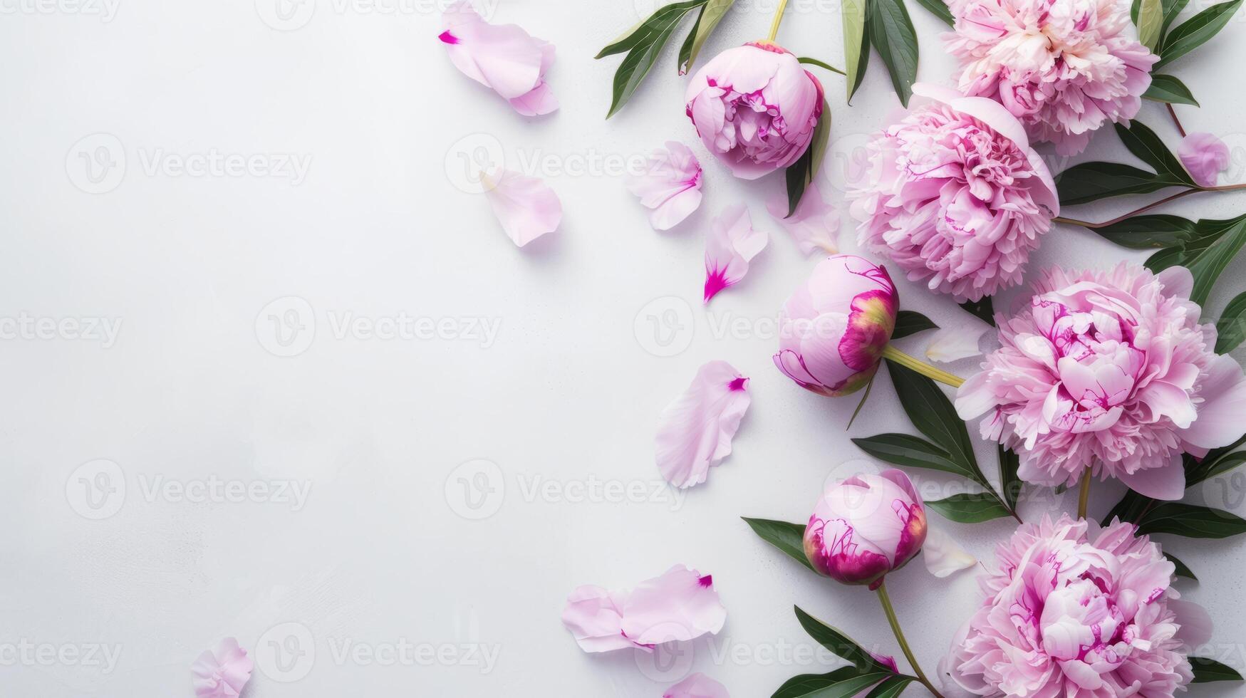 AI generated Many beautiful peonies blossoms on light background with copy space photo