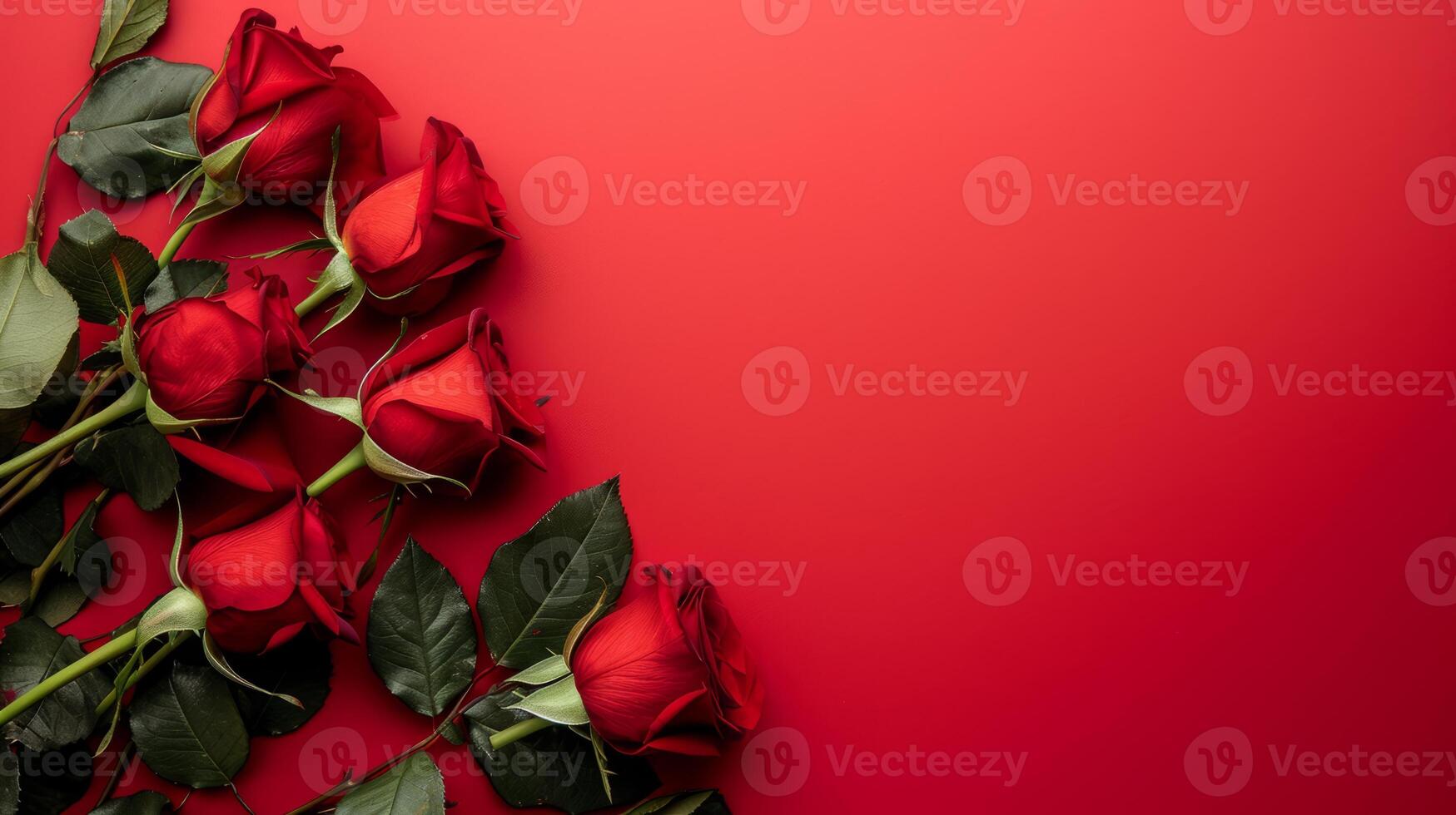 AI generated Red roses flower on red background. Copy space. Flower frame photo