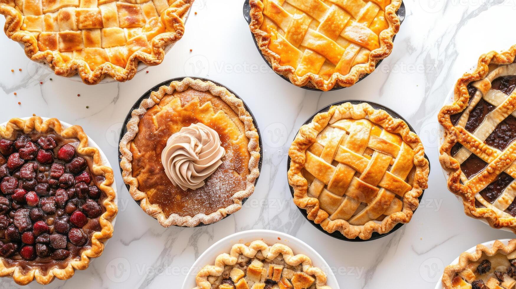 AI generated Overhead shot of several different pies on a white marble table photo