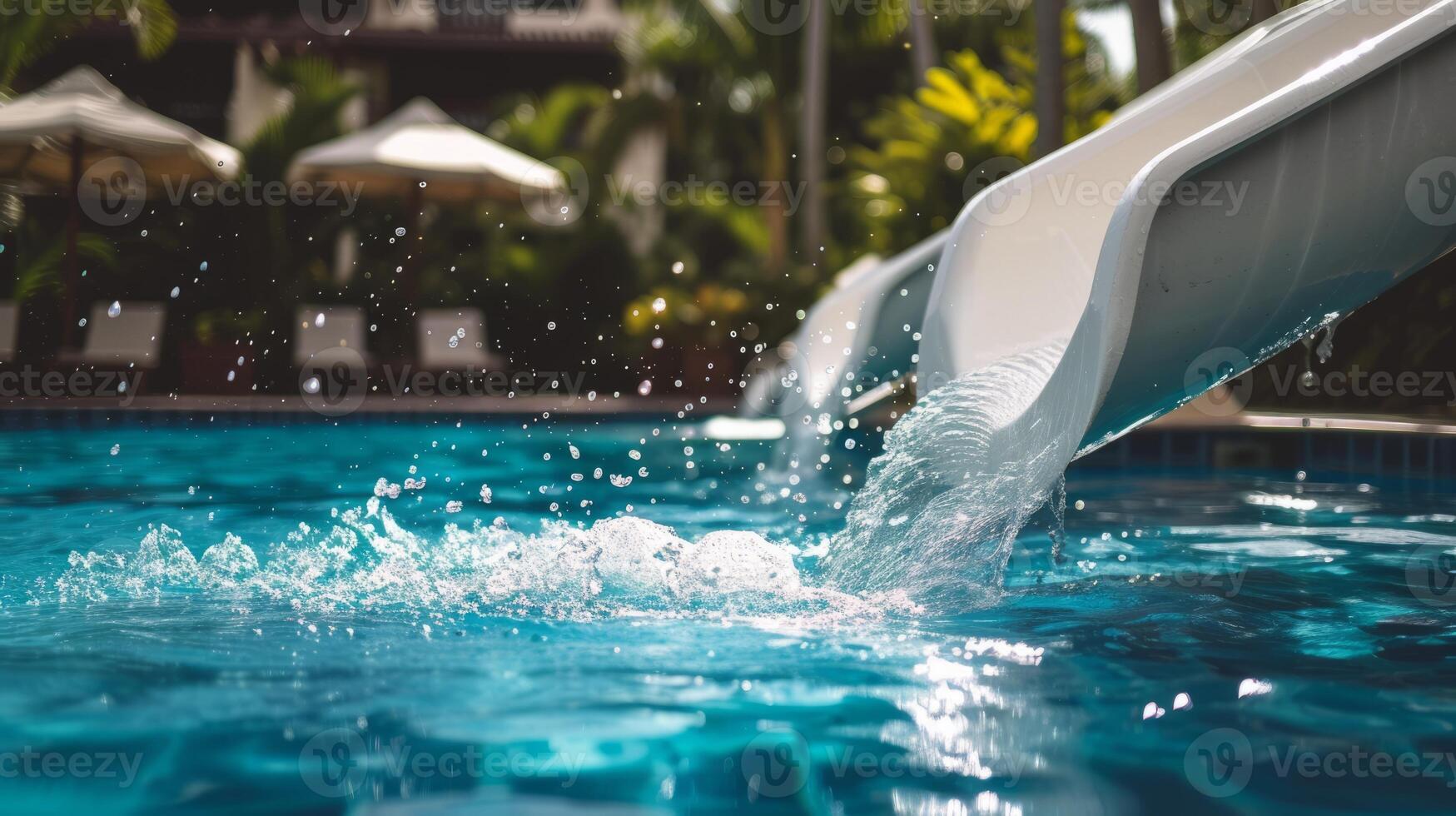 AI generated Water slide splashing into a resort pool photo