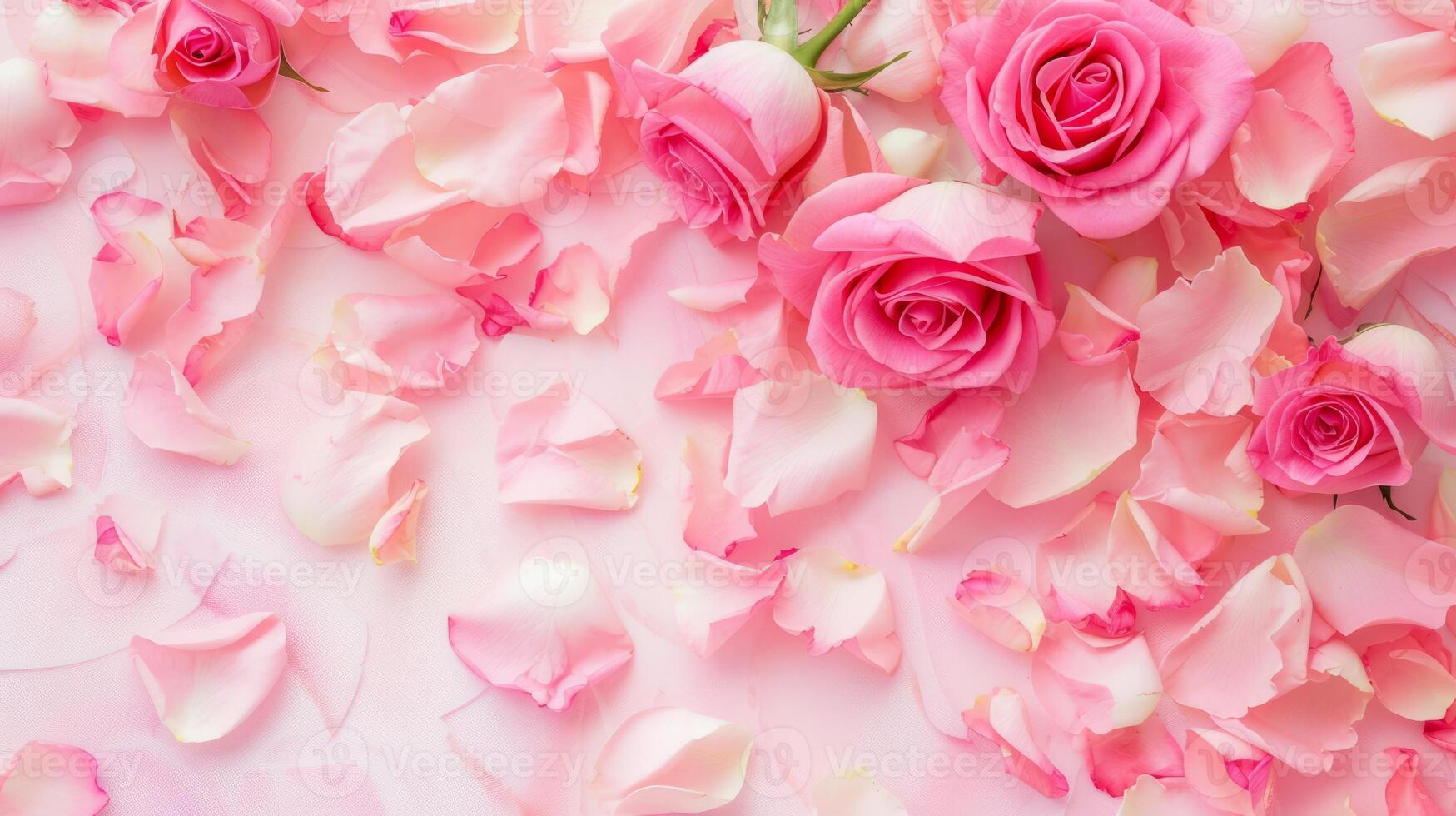 AI generated Soft pink background with various pink petals of roses photo