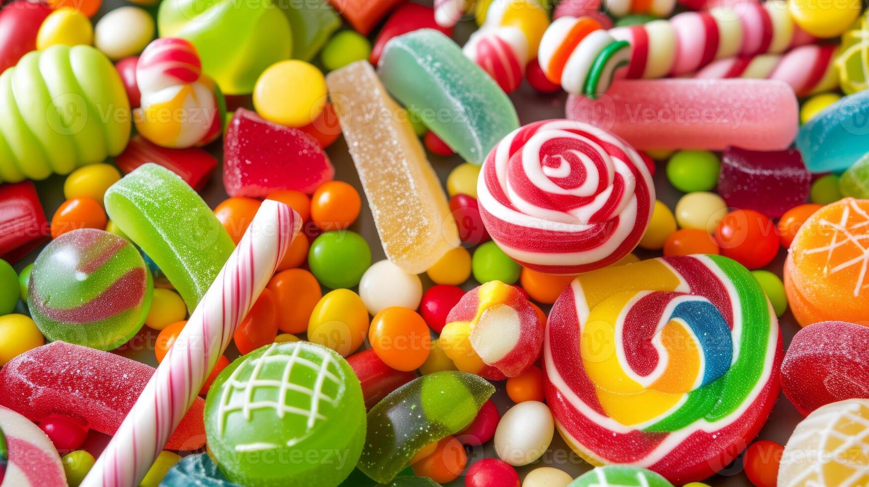 AI generated Pile of variety of delicious candies, green candies, lollipops and sweets photo