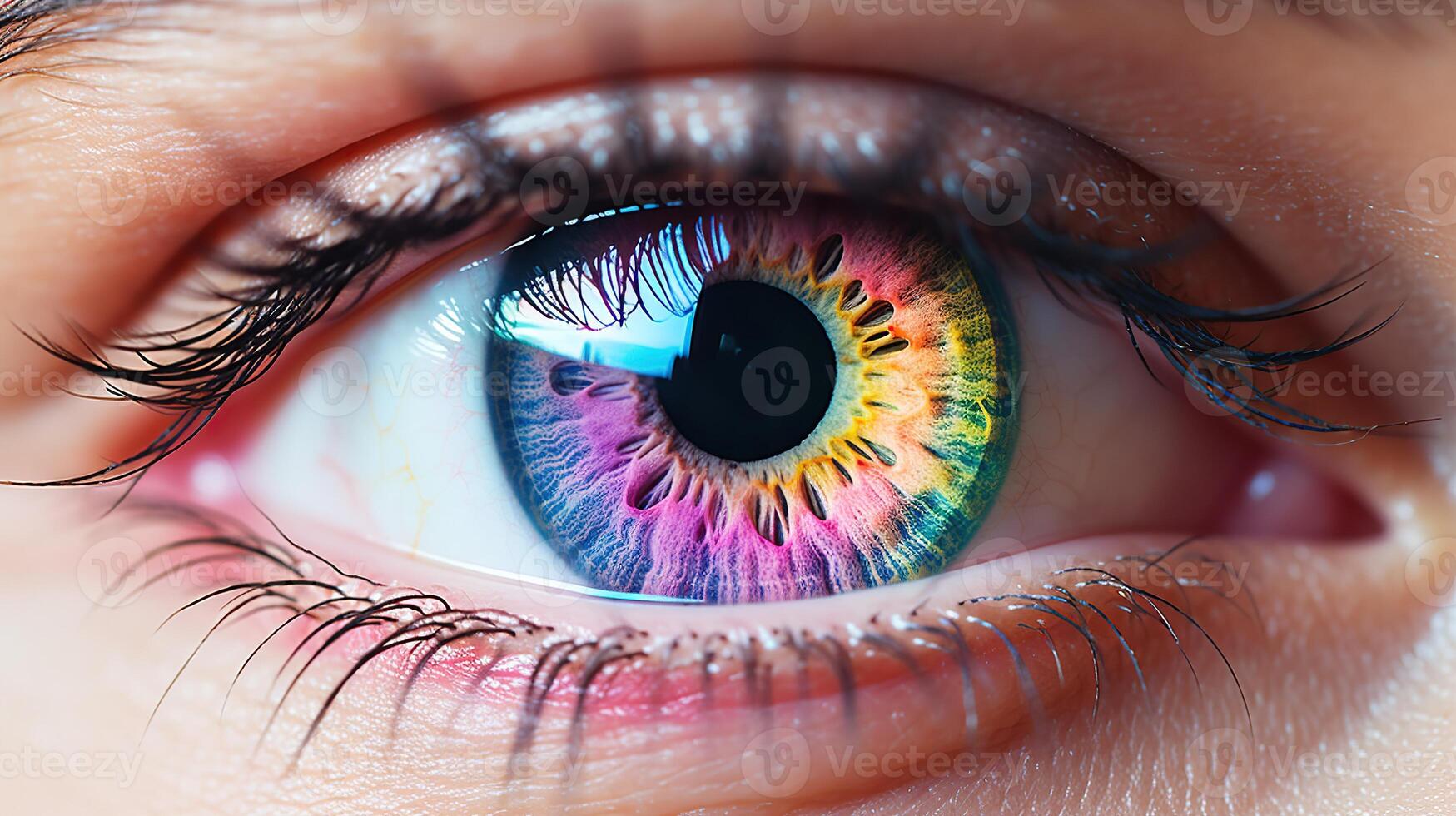 AI generated A close-up image of a human eye with vibrant, multicolored iris patterns and visible eyelashes. The skin tone surrounding the eye cannot be precisely determined due to tight framing photo