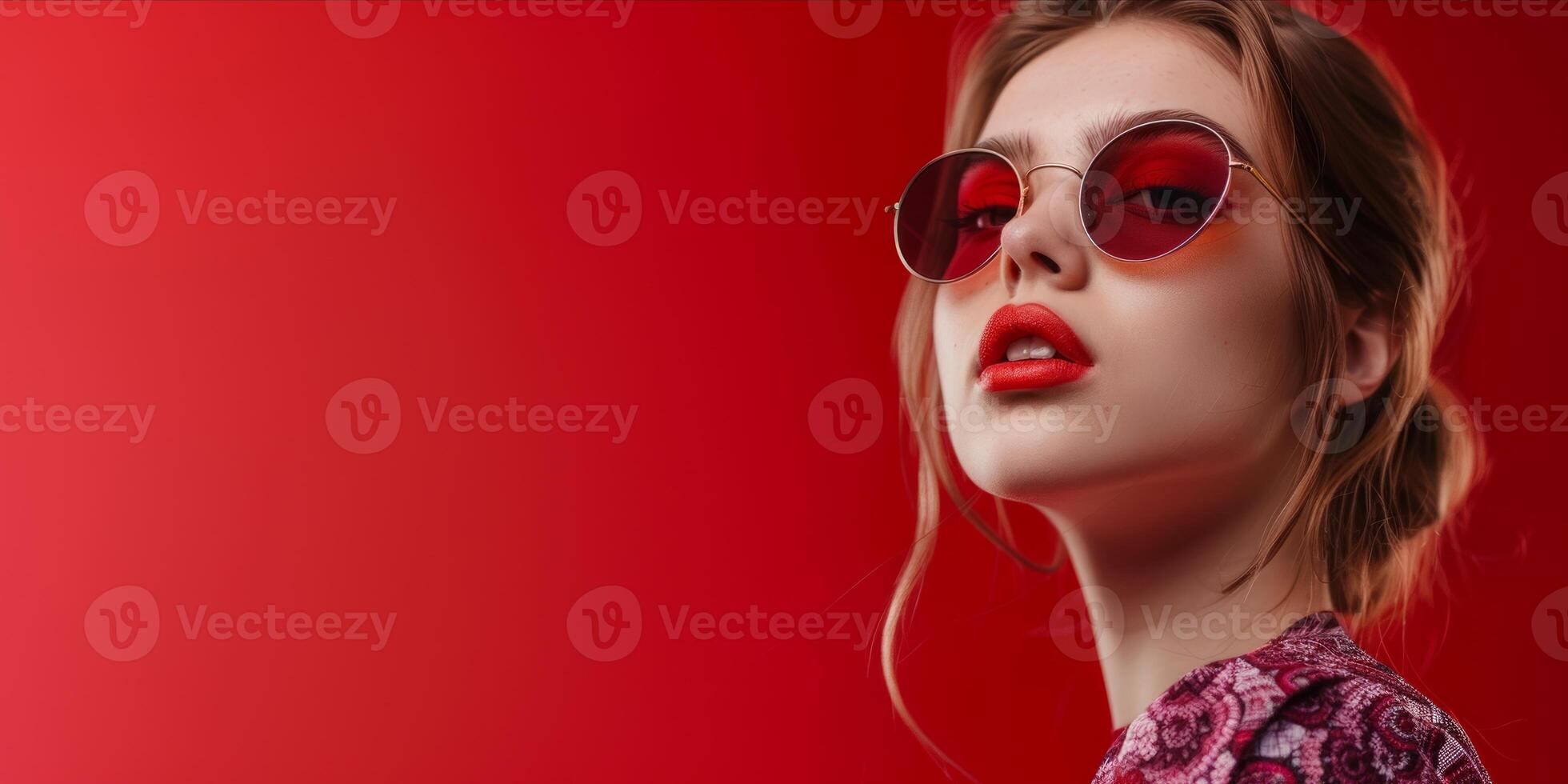 AI generated Portrait of a beautiful woman on red background photo