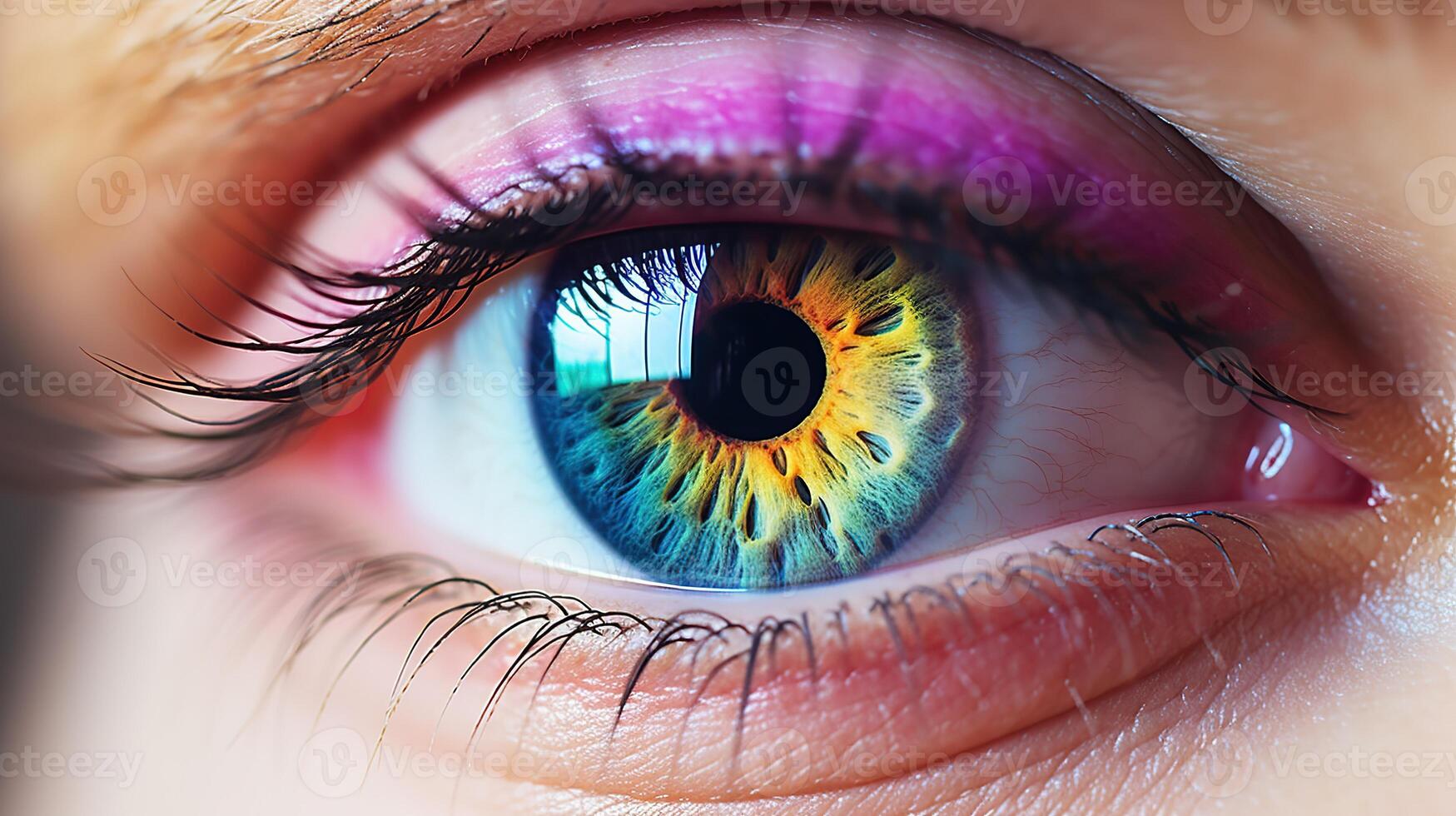 AI generated A close-up image of a human eye with vibrant, multicolored iris patterns and visible eyelashes. The skin tone surrounding the eye cannot be precisely determined due to tight framing photo