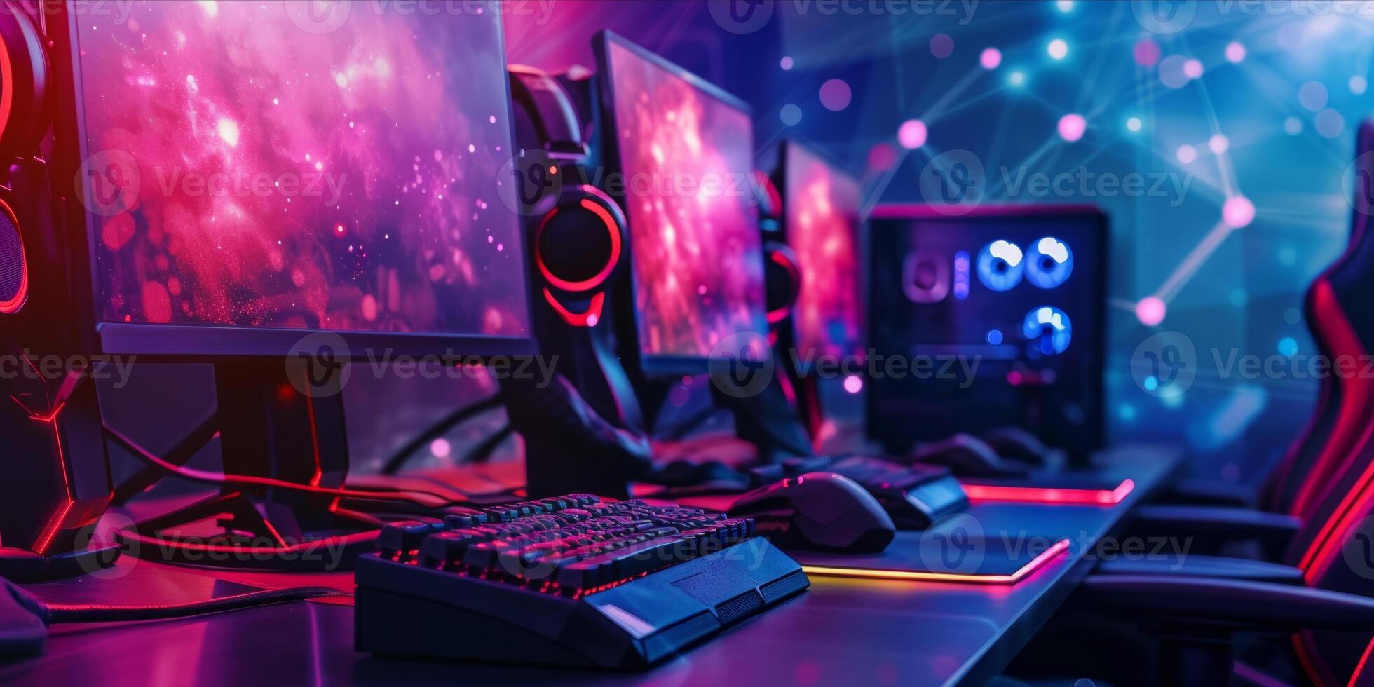 AI generated Futuristic esport background for gaming live streaming. Esport game tournament competition neon banner photo