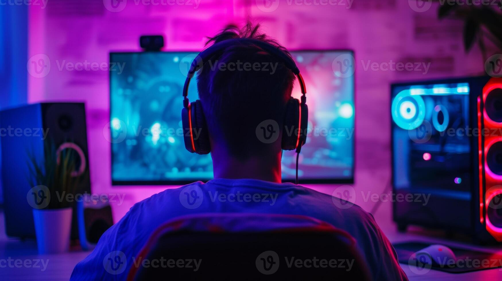 AI generated Young confident man playing online video game. Broadcast live streaming at home, Gamer playing online esport tournament photo