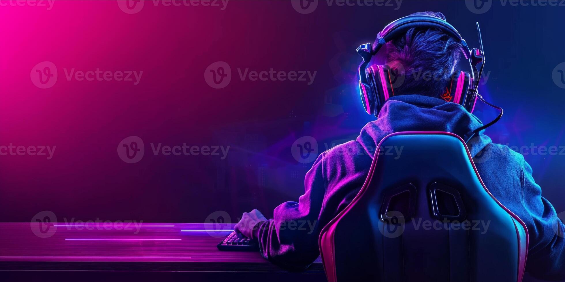 AI generated Futuristic esport background for gaming live streaming. Esport game tournament competition neon banner photo