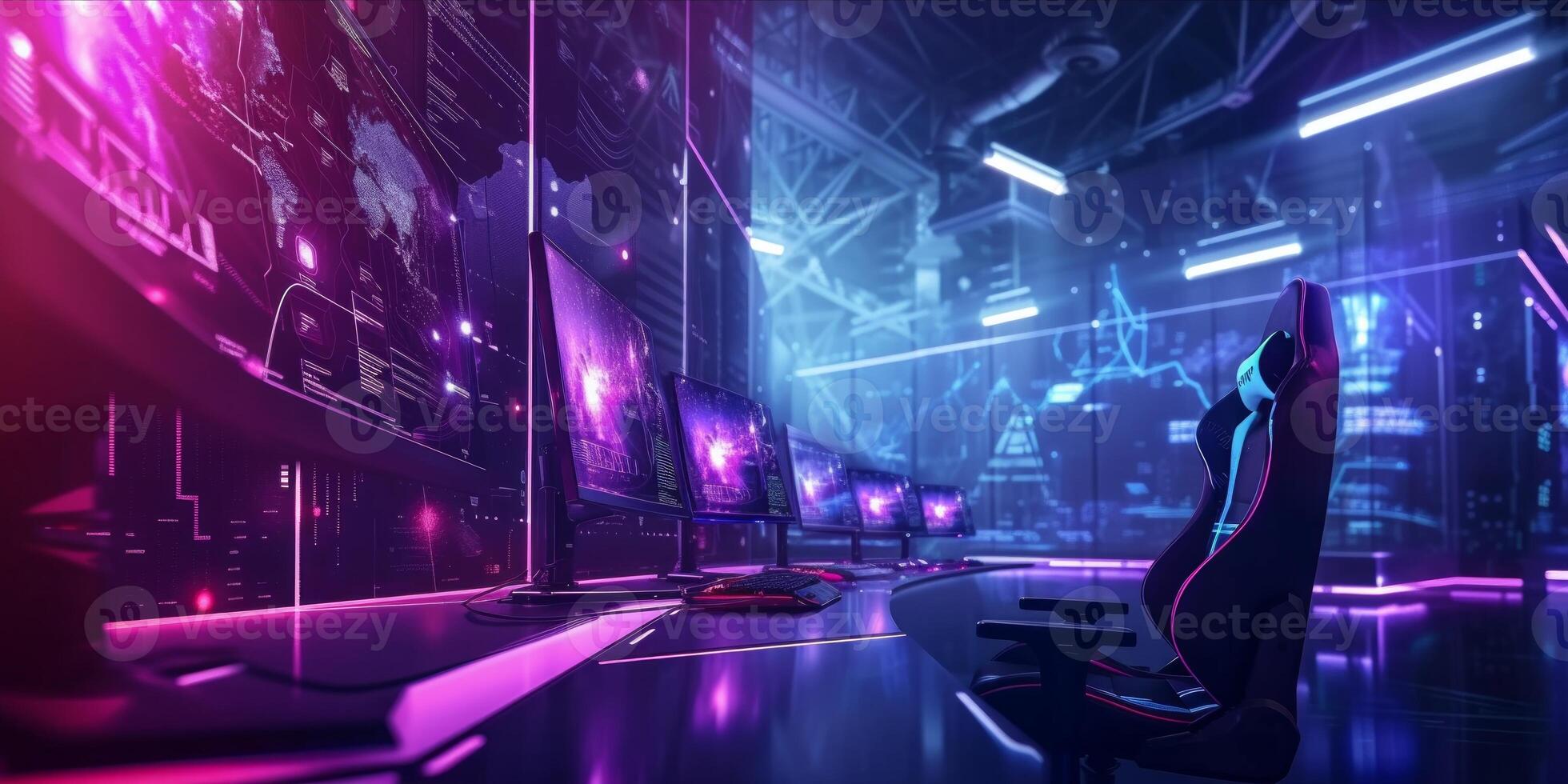 AI generated Futuristic esport background for gaming live streaming. Esport game tournament competition neon banner photo