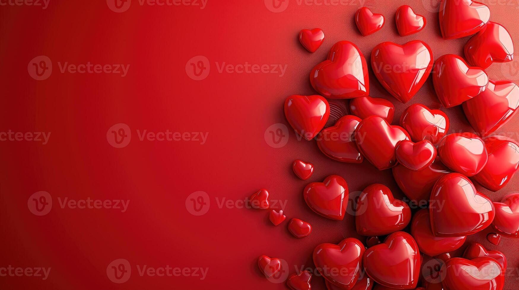 AI generated Valentine day background with red hearts, top view . copy space photo