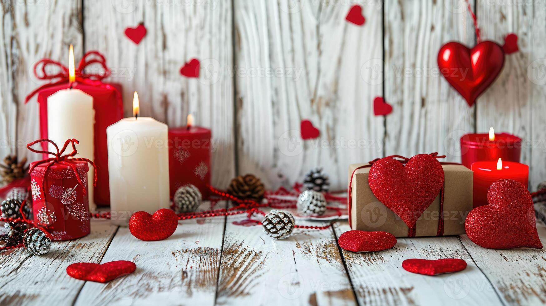 AI generated Wooden white background with red hearts, gifts and candles. The concept of Valentine Day photo