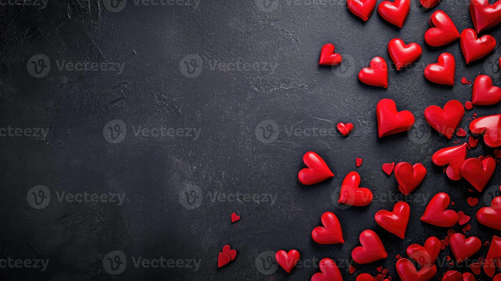 AI generated Valentine day background with red hearts, top view . copyspace photo