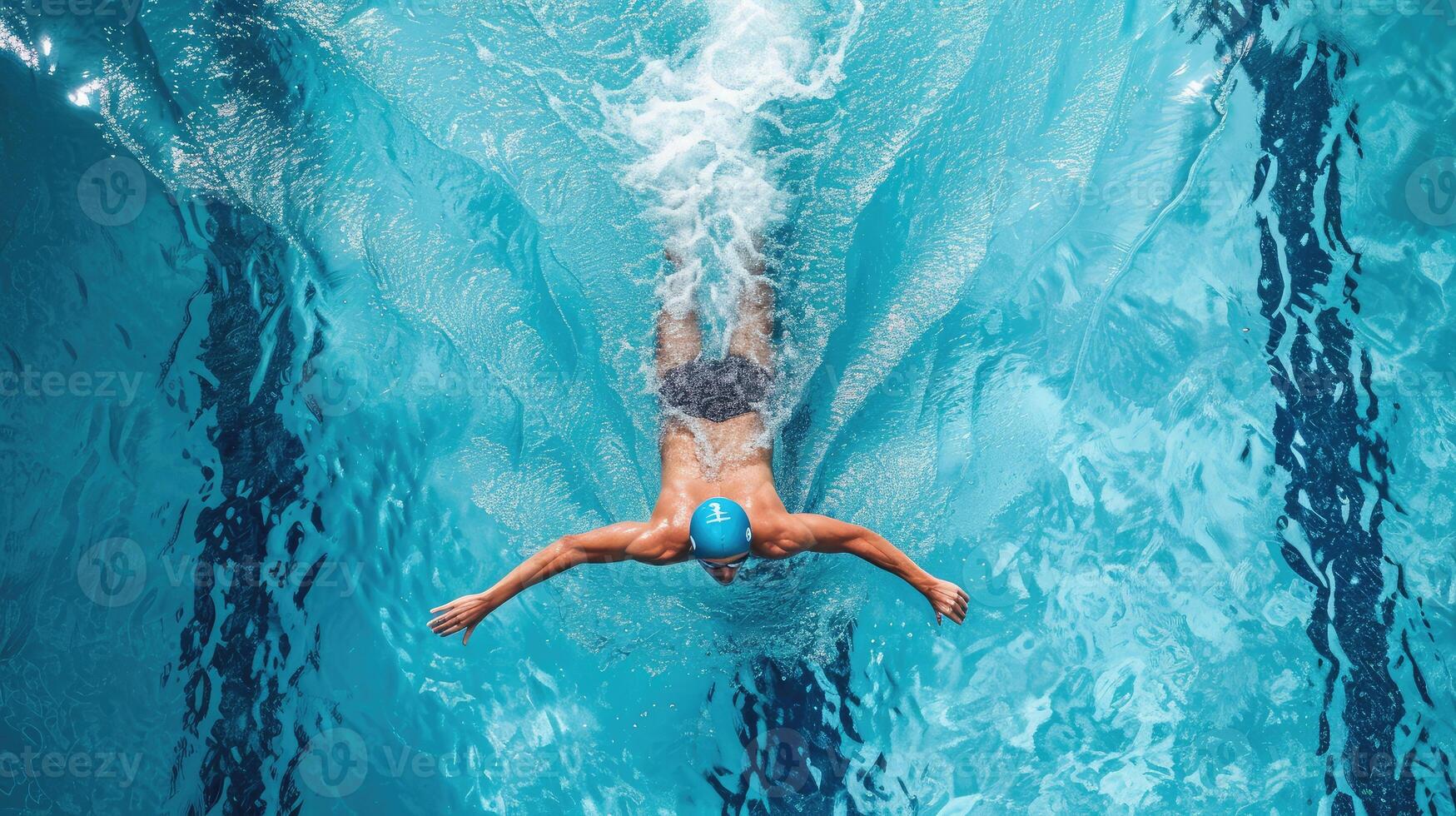 AI generated Top View Male Swimmer Swimming in Swimming Pool. Professional Determined Athlete Training for the Championship, using Butterfly Technique. Top View Shot photo