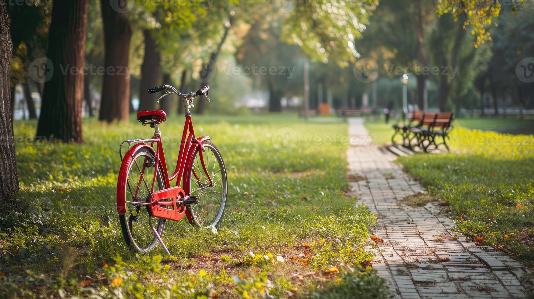 AI generated Red bicycle in fresh summer park photo