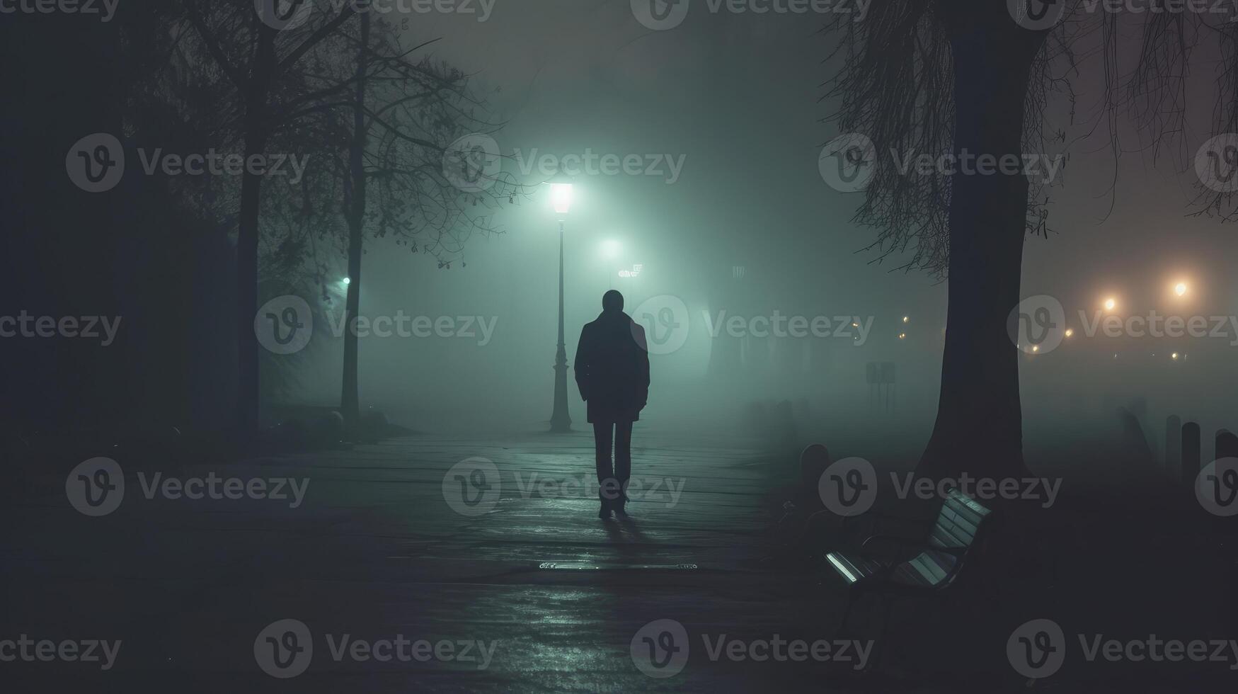 AI generated Sad man alone walking along the alley in night foggy park Back view photo