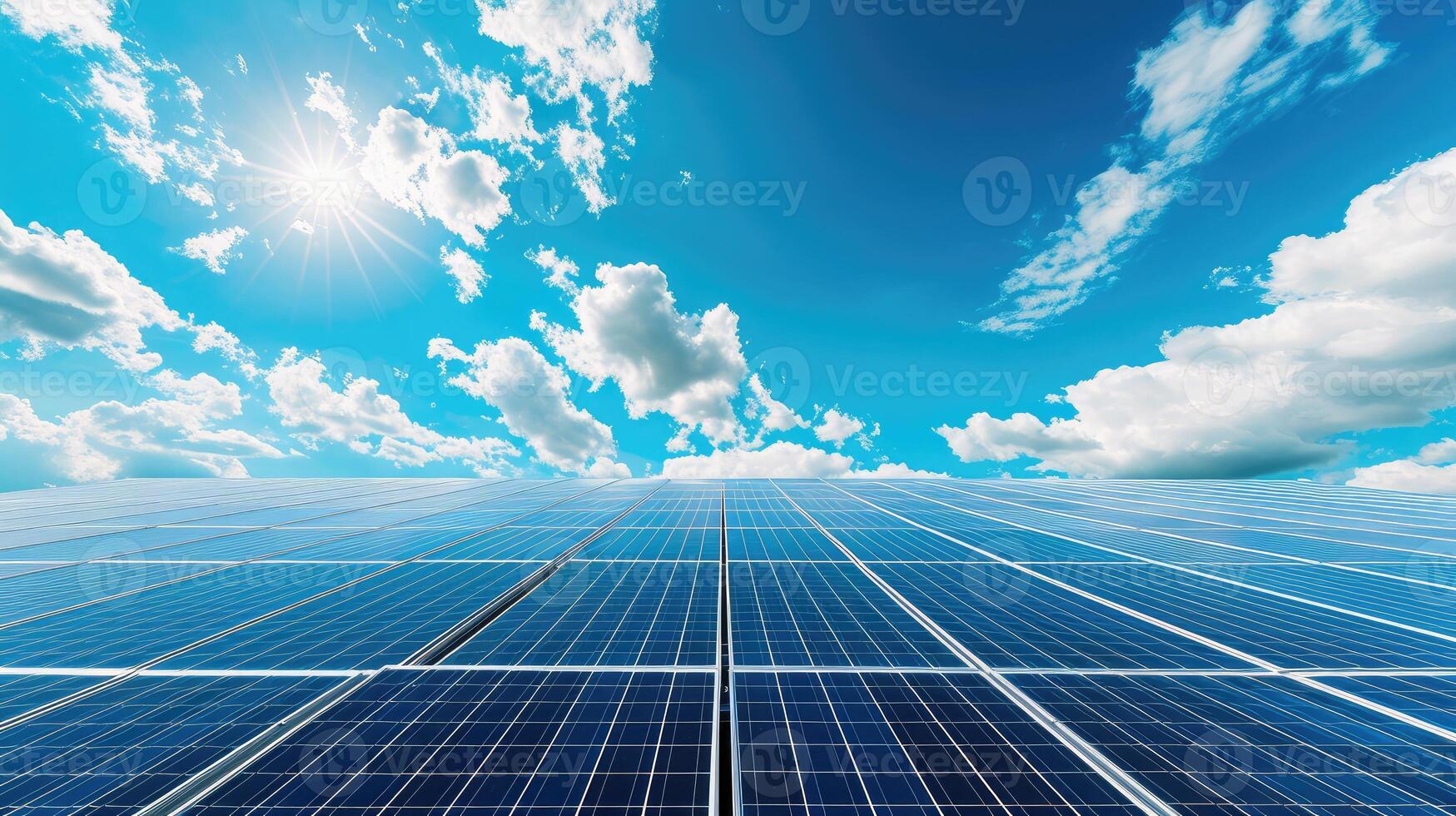 AI generated Solar cell panels with a sky background. Alternative electricity source photo