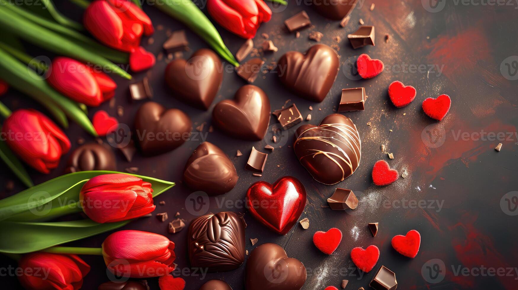 AI generated Valentines Day background with chocolates, hearts and red tulips photo
