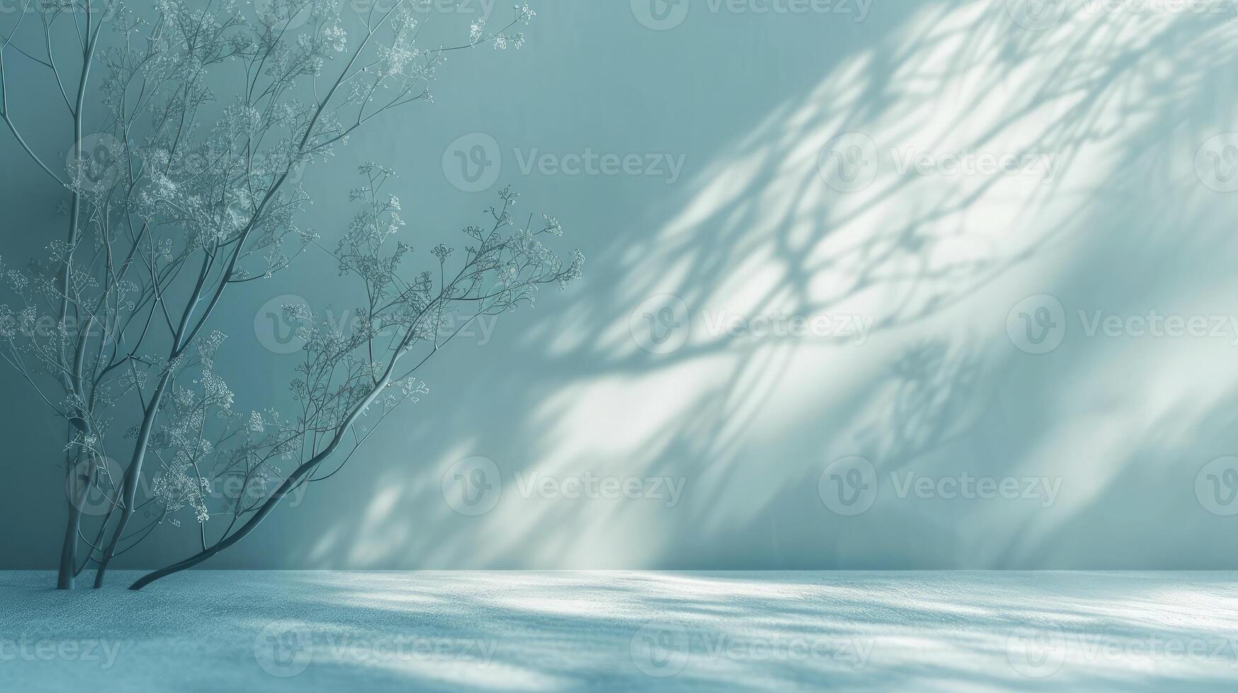 AI generated Minimalistic abstract gentle light blue background for product presentation with light and intricate shadow from tree branches on wall. photo