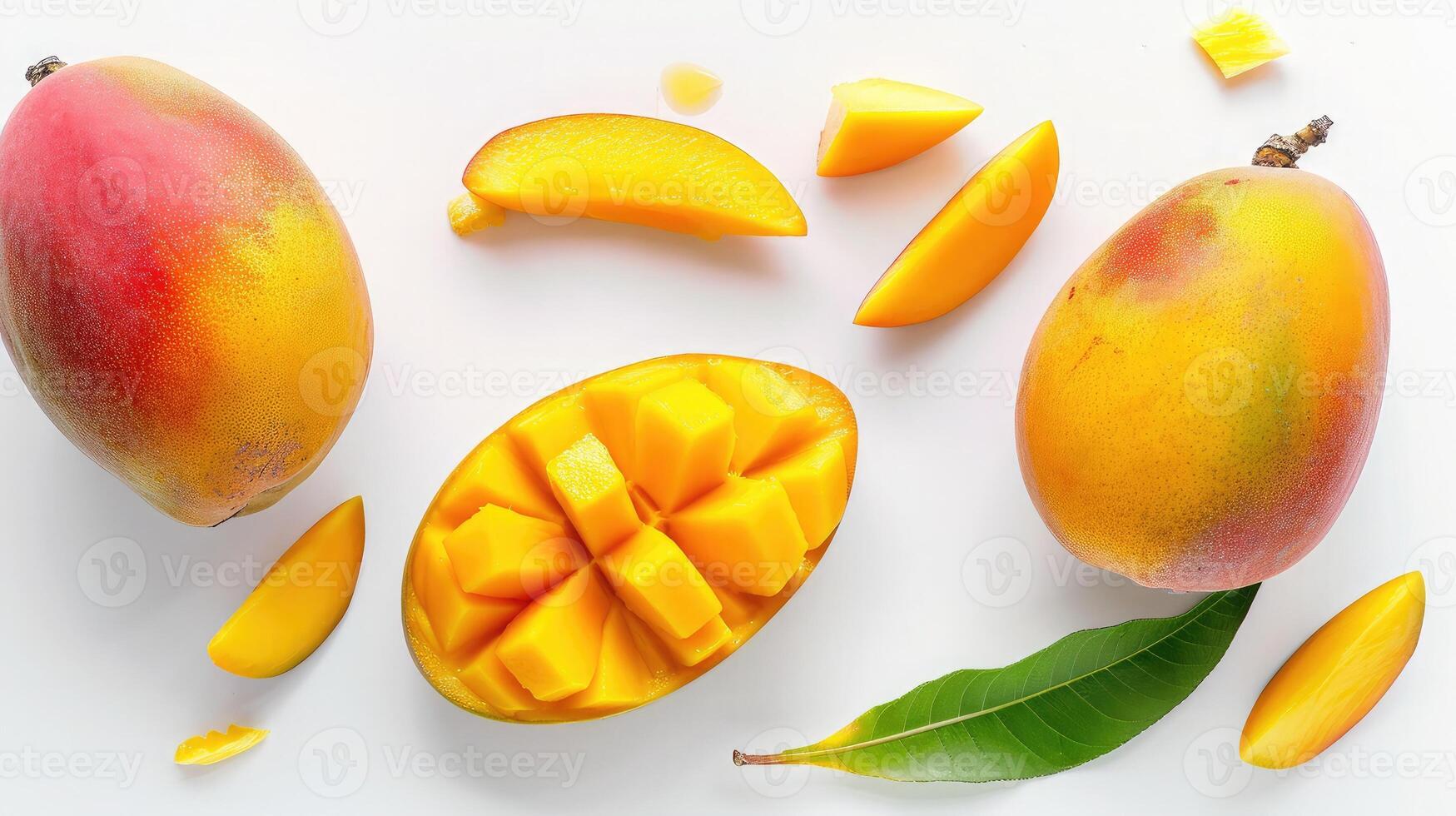 AI generated Mango fruit and half with slices isolated on white background. Top view. Flat lay photo