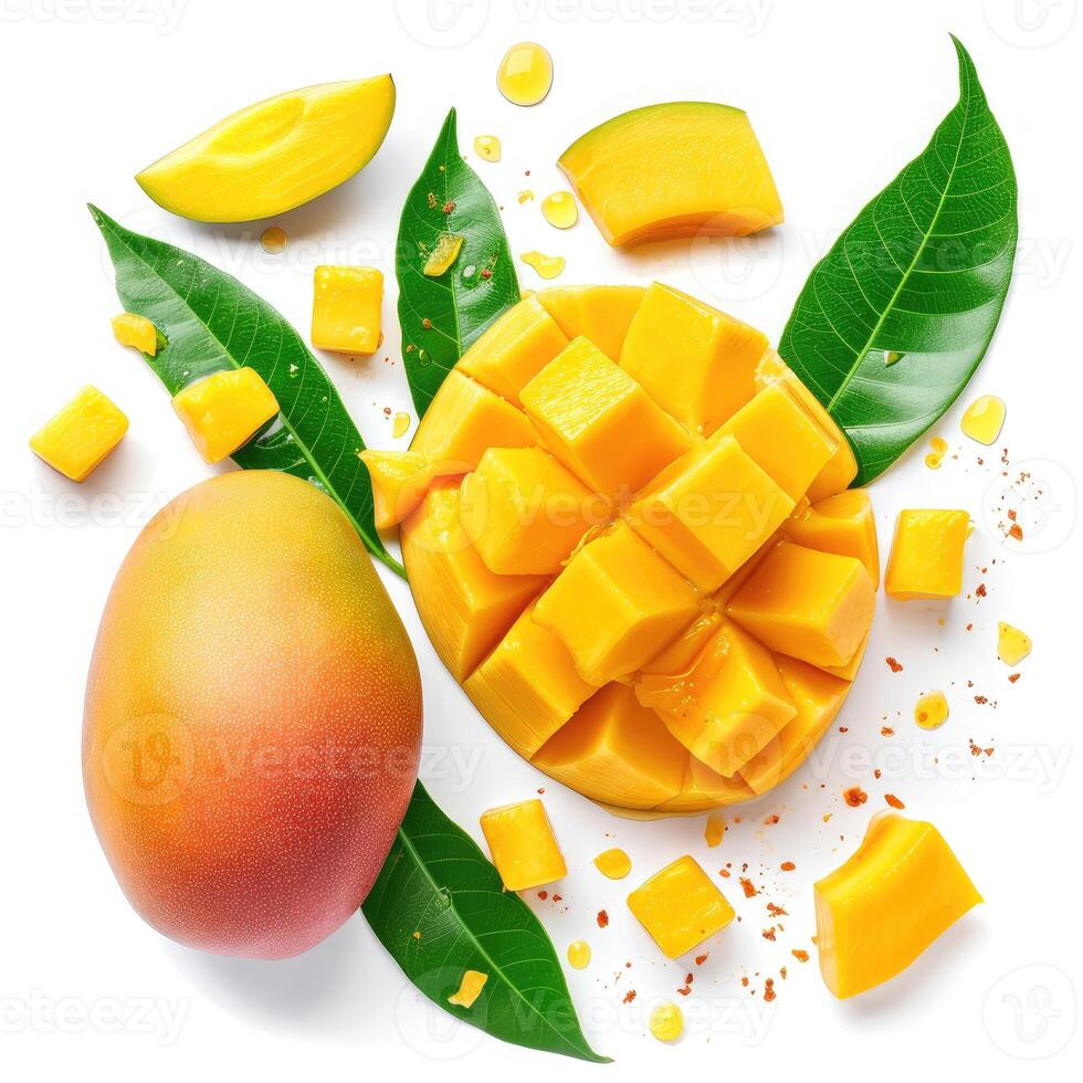 AI generated Mango fruit and half with slices isolated on white background. Top view. Flat lay photo