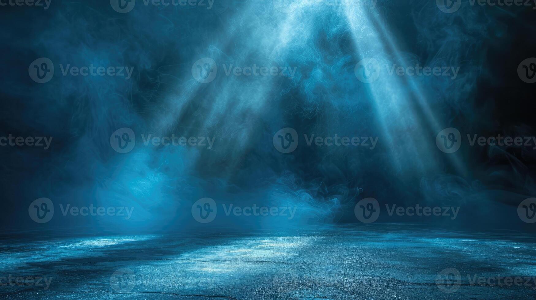 AI generated Rays, spotlights light. Empty dark scene with blue light. Asphalt blue dark street with smoke. photo