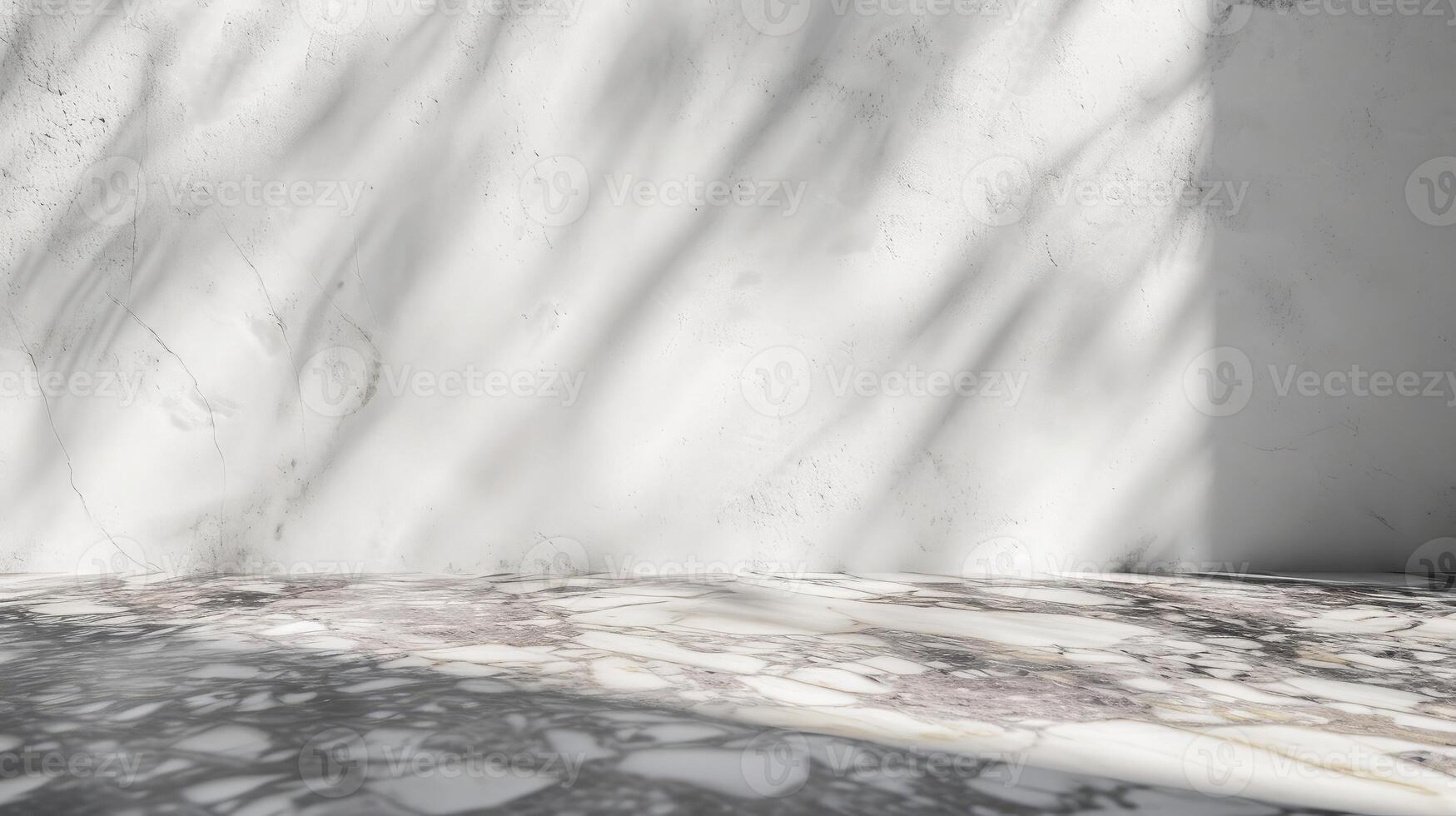 AI generated Marble Table with White Stucco Wall Texture Background with Light Beam and Shadow, Suitable for Product Presentation Backdrop photo