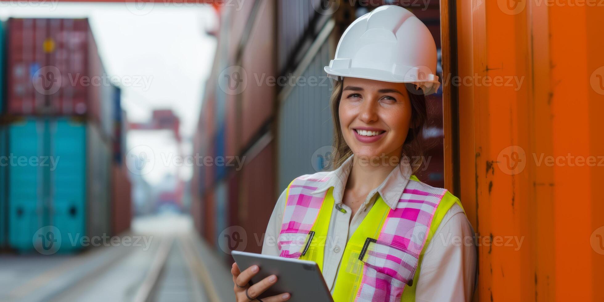 AI generated Young female industrial engineer with a helmet working on a tablet. Checks for control loading in container terminal, An inspector or supervisor, Logistics import export shipping photo