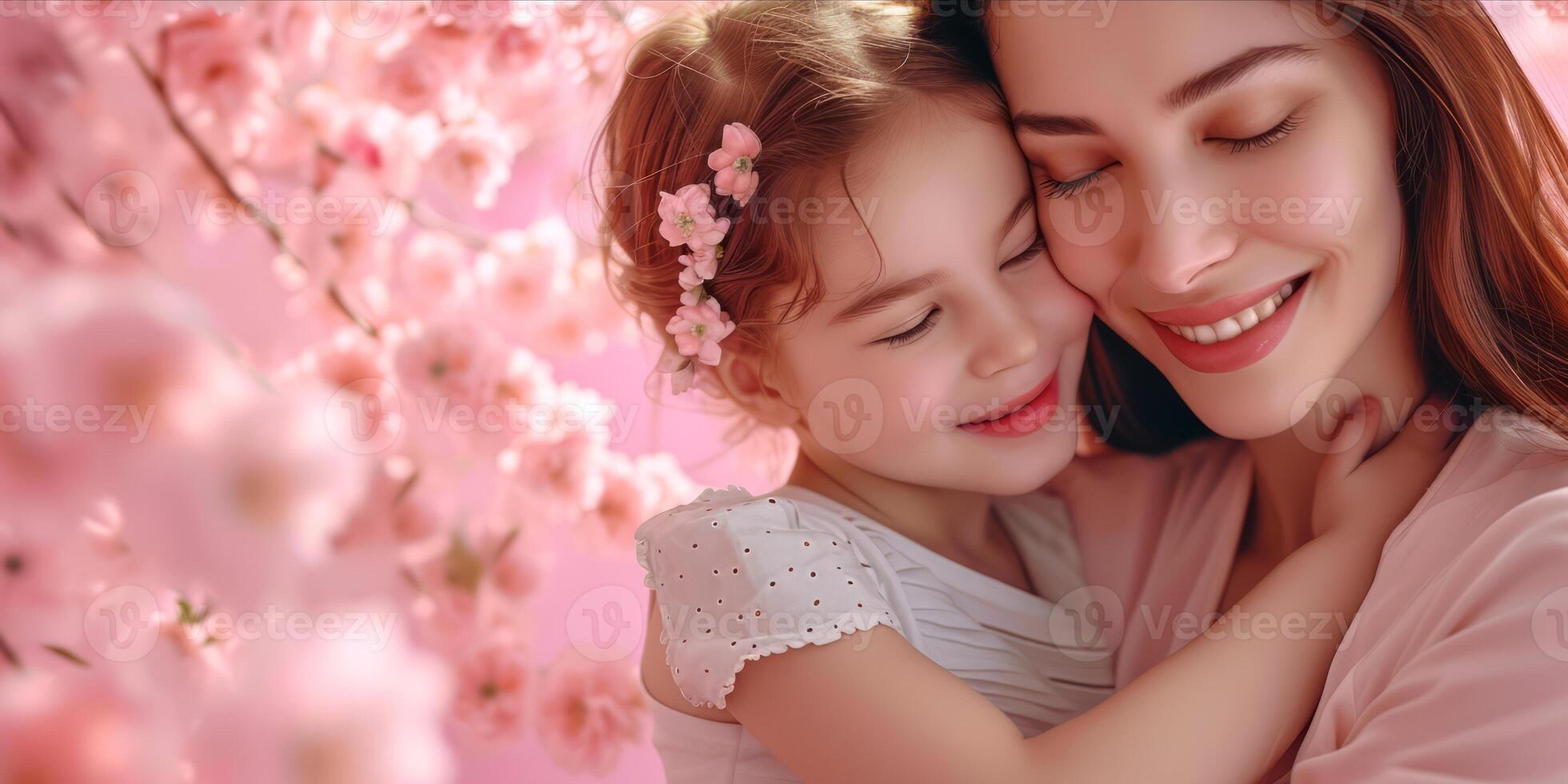 AI generated Happy Mother and Daughter Enjoying Quality Time Together. Joyful Mom Embracing Her Daughter Surrounded by Flowers. Heartwarming and Emotionally Resonant for Mother's Day photo