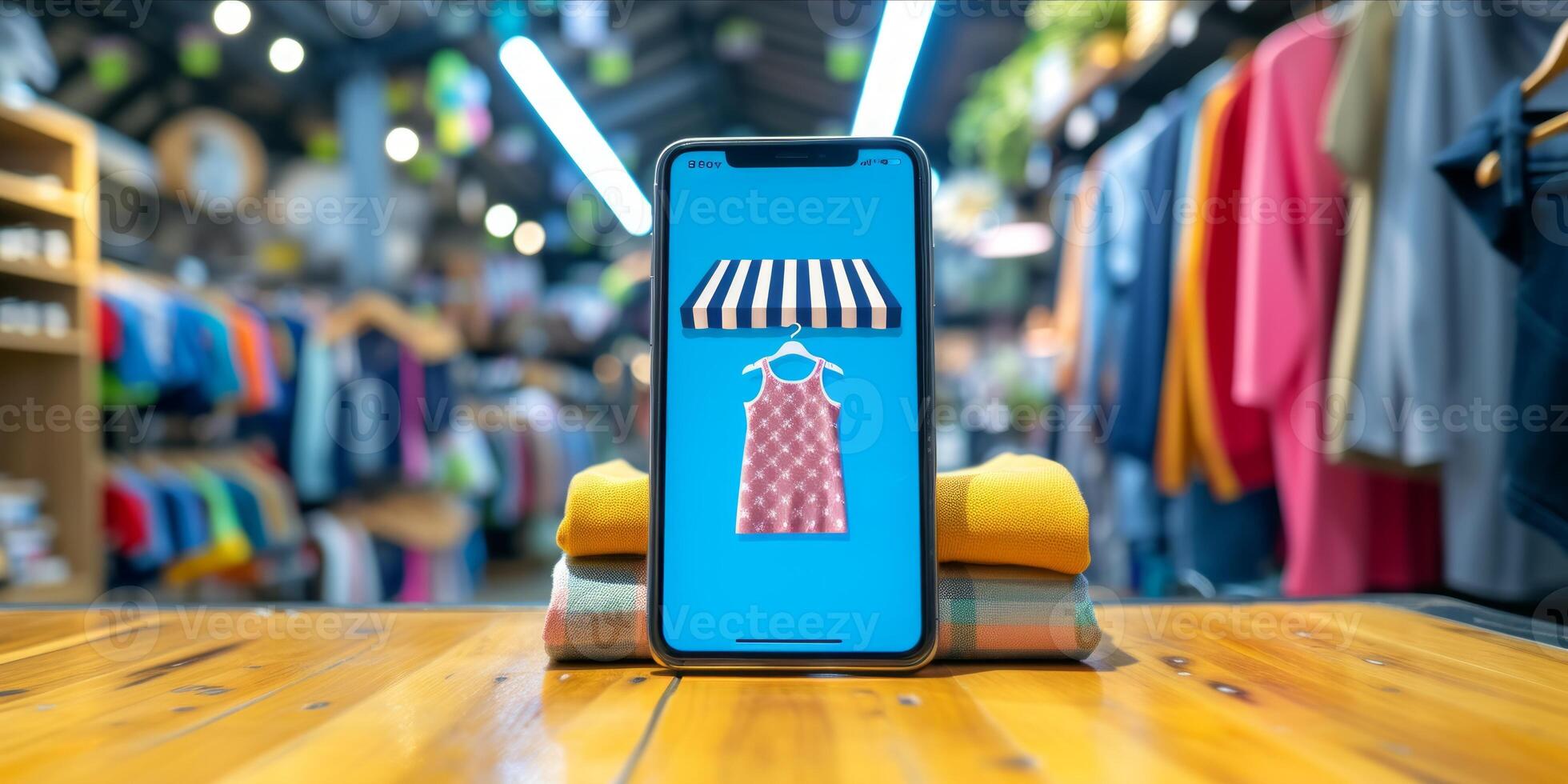 AI generated Smartphone with Clothes on Screen. Online shopping on Mobile Application or Website, Digital Marketing photo