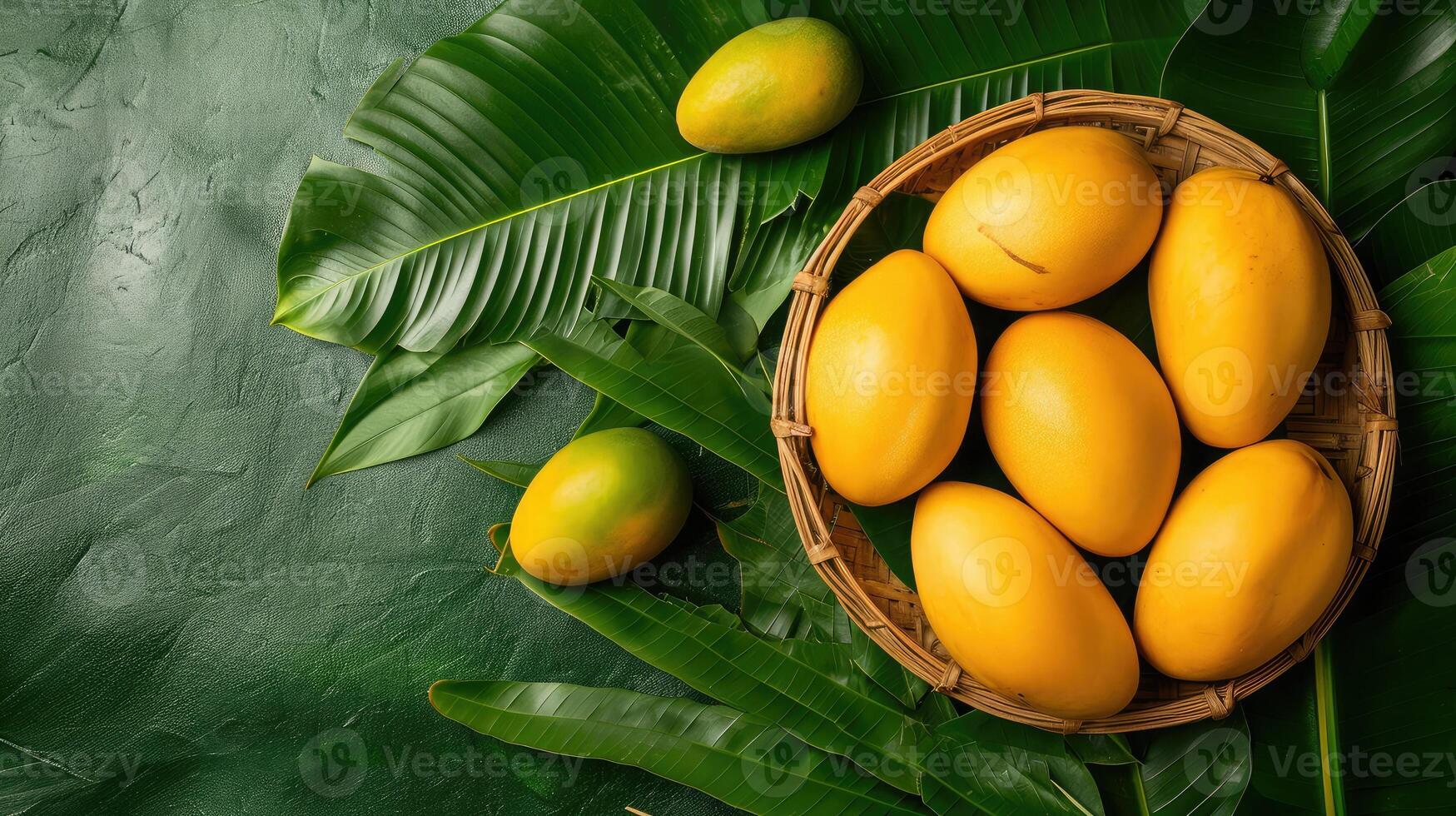 AI generated Mango tropical fruit in wooden basket put on green leaf background, top view photo