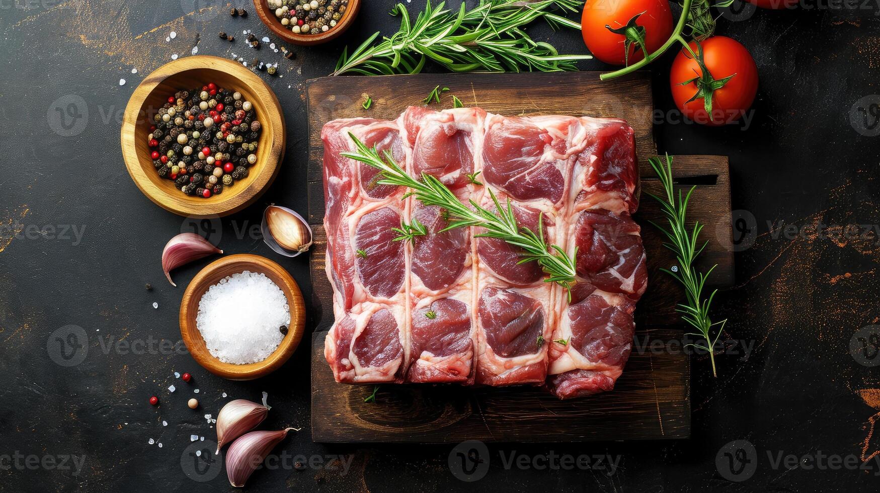 AI generated fresh pork belly block on wooden board photo