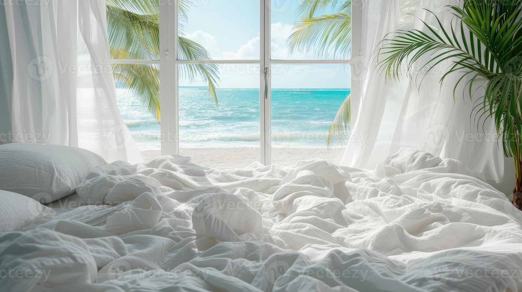 AI generated Close up bedroom with white messy bedding and big window with view to beautiful sea ocean beach. Summer, travel, vacation, holiday, mindfulness, relax concept photo