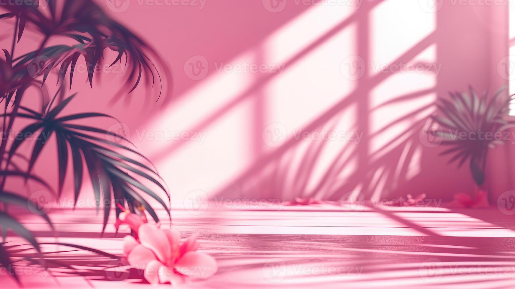 AI generated Abstract pink color gradient studio background for product presentation. Empty room with shadows of window and flowers and palm leaves photo