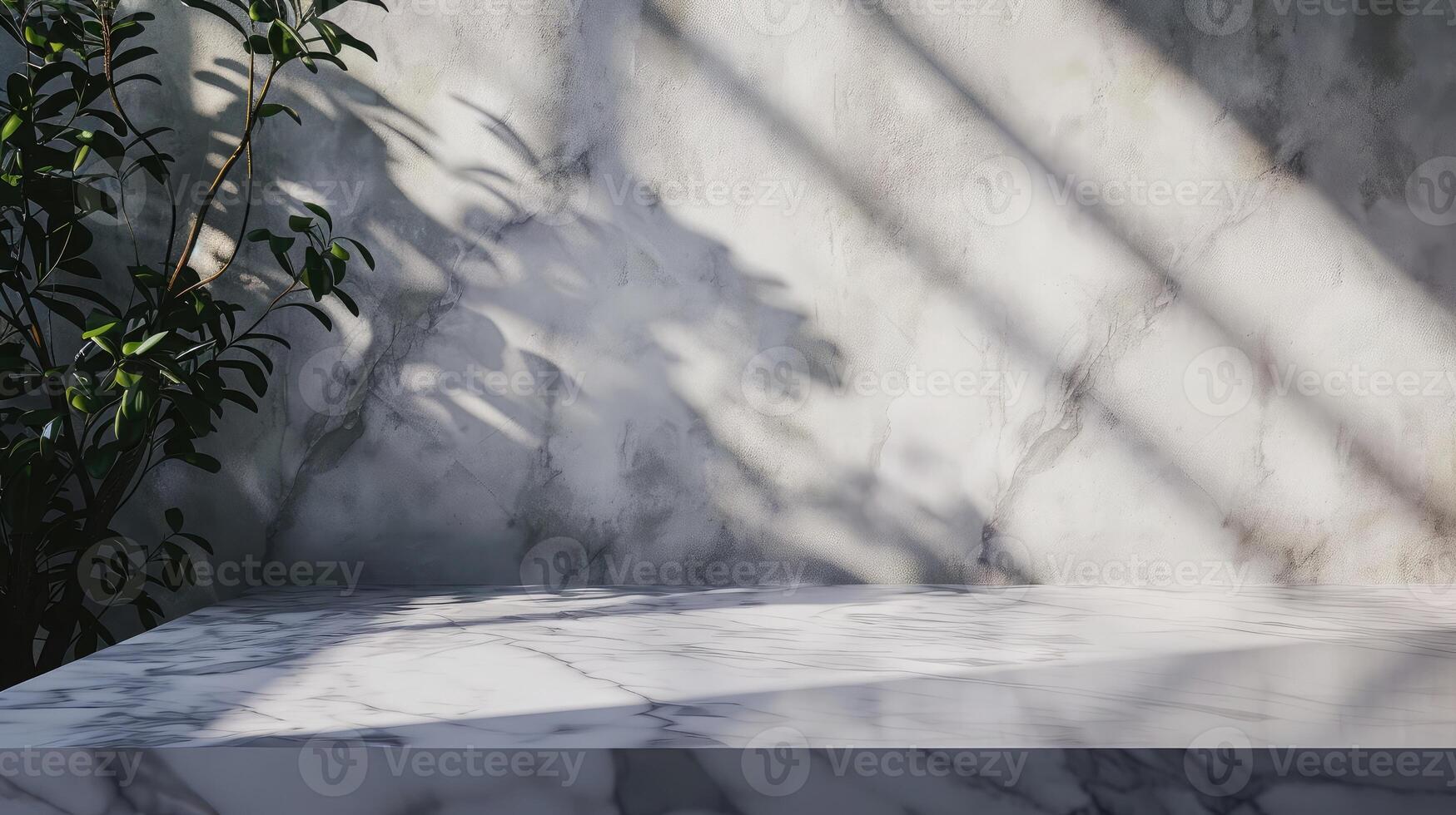 AI generated Marble Table with White Stucco Wall Texture Background with Light Beam and Shadow, Suitable for Product Presentation Backdrop photo