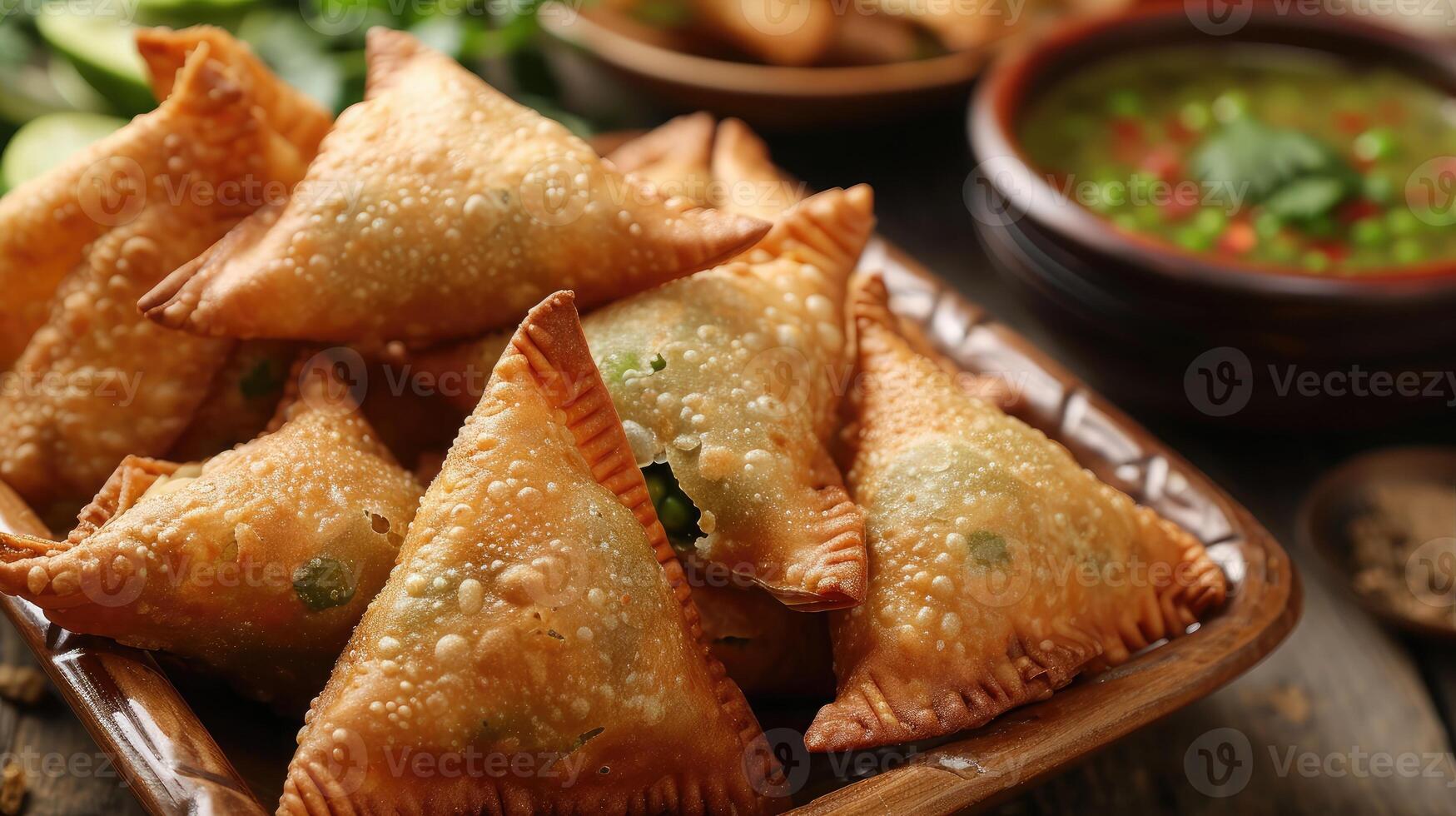 AI generated Veg Samosa - is a crispy and spicy Indian triangle shape snack which has crisp outer layer of maida filling of mashed potato, peas and spices photo