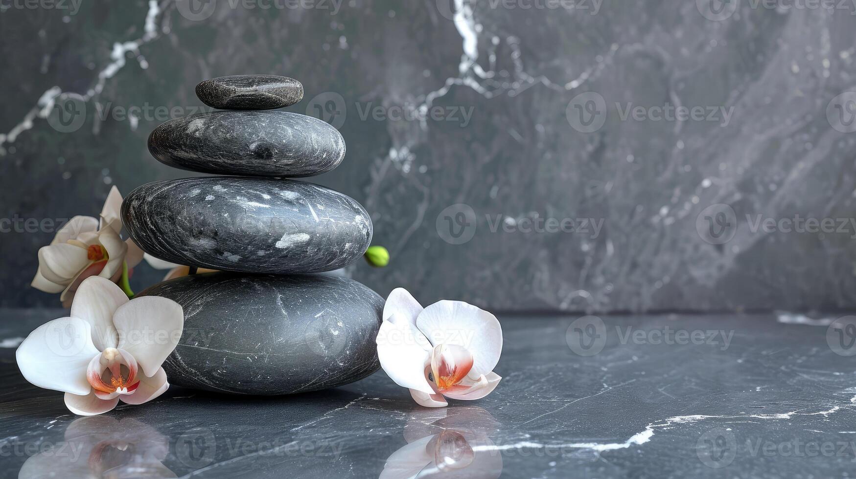 AI generated Beautiful composition with spa stones on grey marble table photo