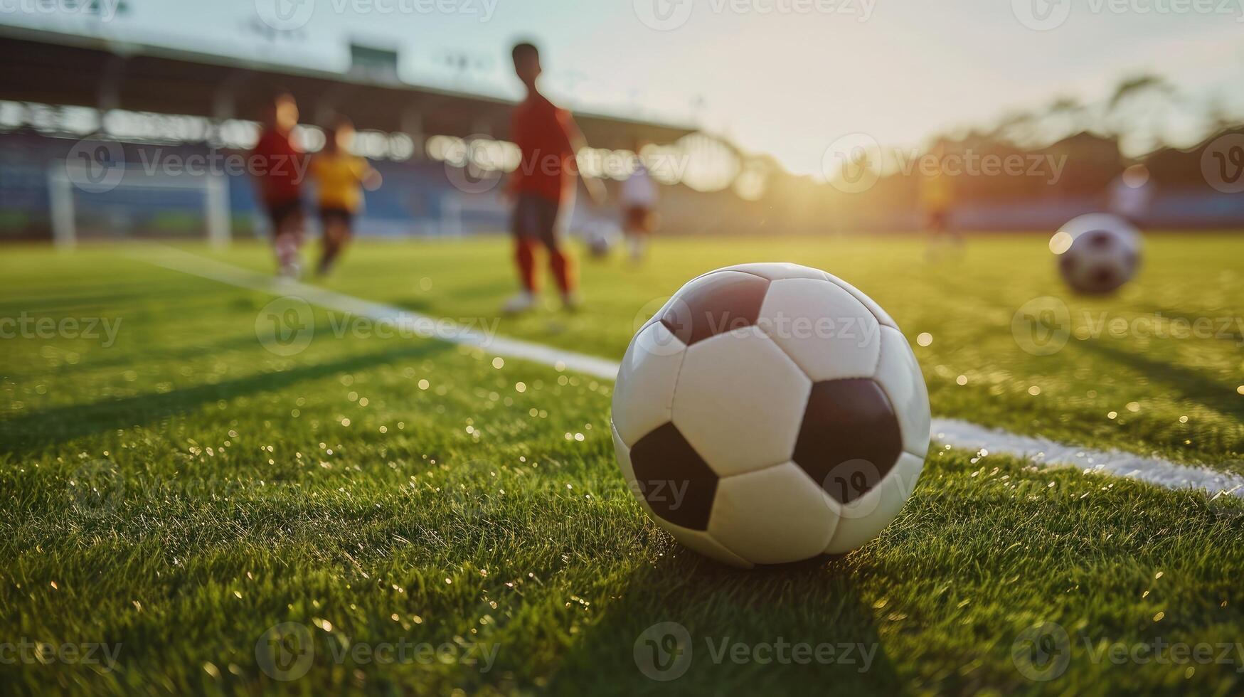 ai generado fútbol fútbol americano formación sesión para niños. Niños formación fútbol americano en el paso. fútbol estadio en el fondo foto