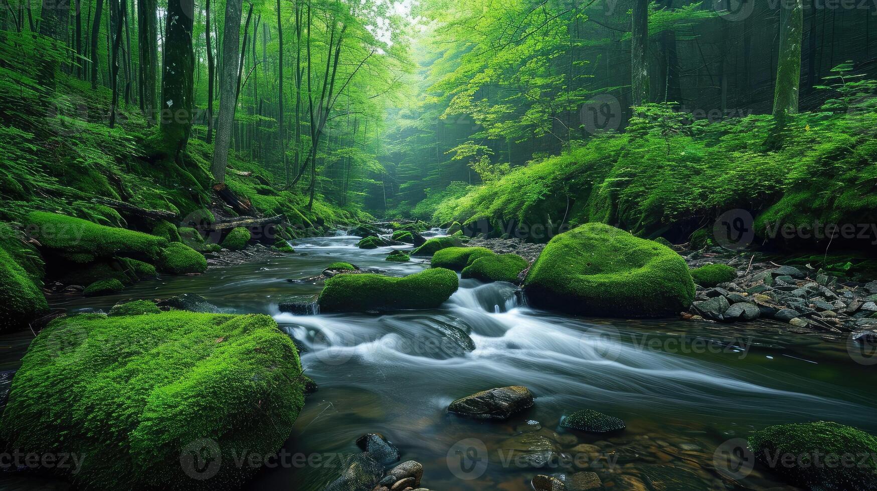 AI generated Tranquil forest and stream scenery with mosscovered rocks photo