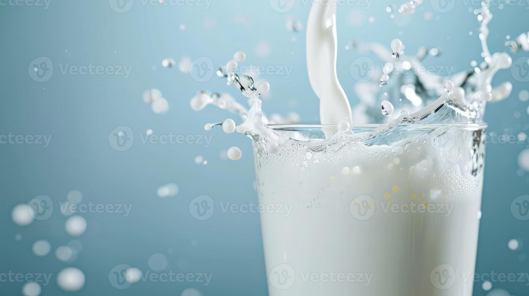 AI generated Pouring fresh milk into the glass with splashing on light blue background. photo