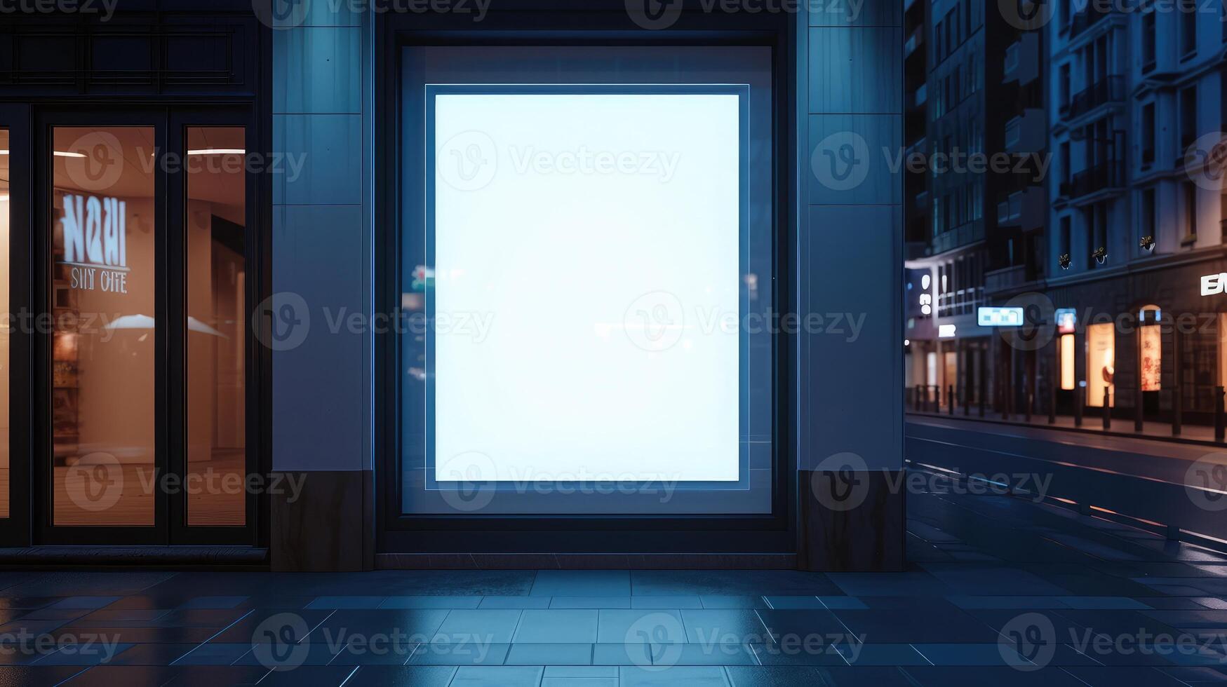 AI generated Blank mock up of store street showcase window in a city at night photo