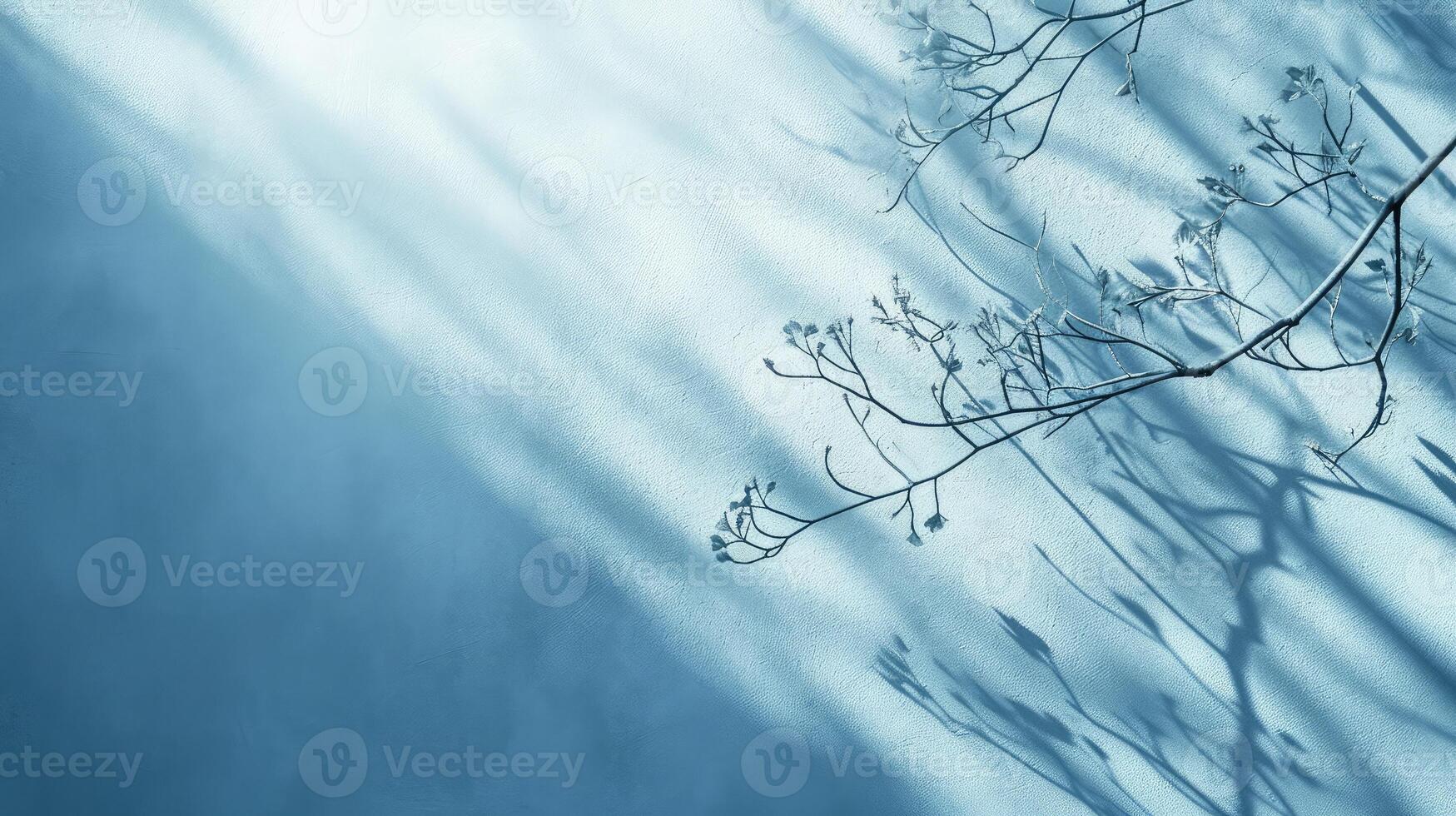 AI generated Minimalistic abstract gentle light blue background for product presentation with light and intricate shadow from tree branches on wall. photo