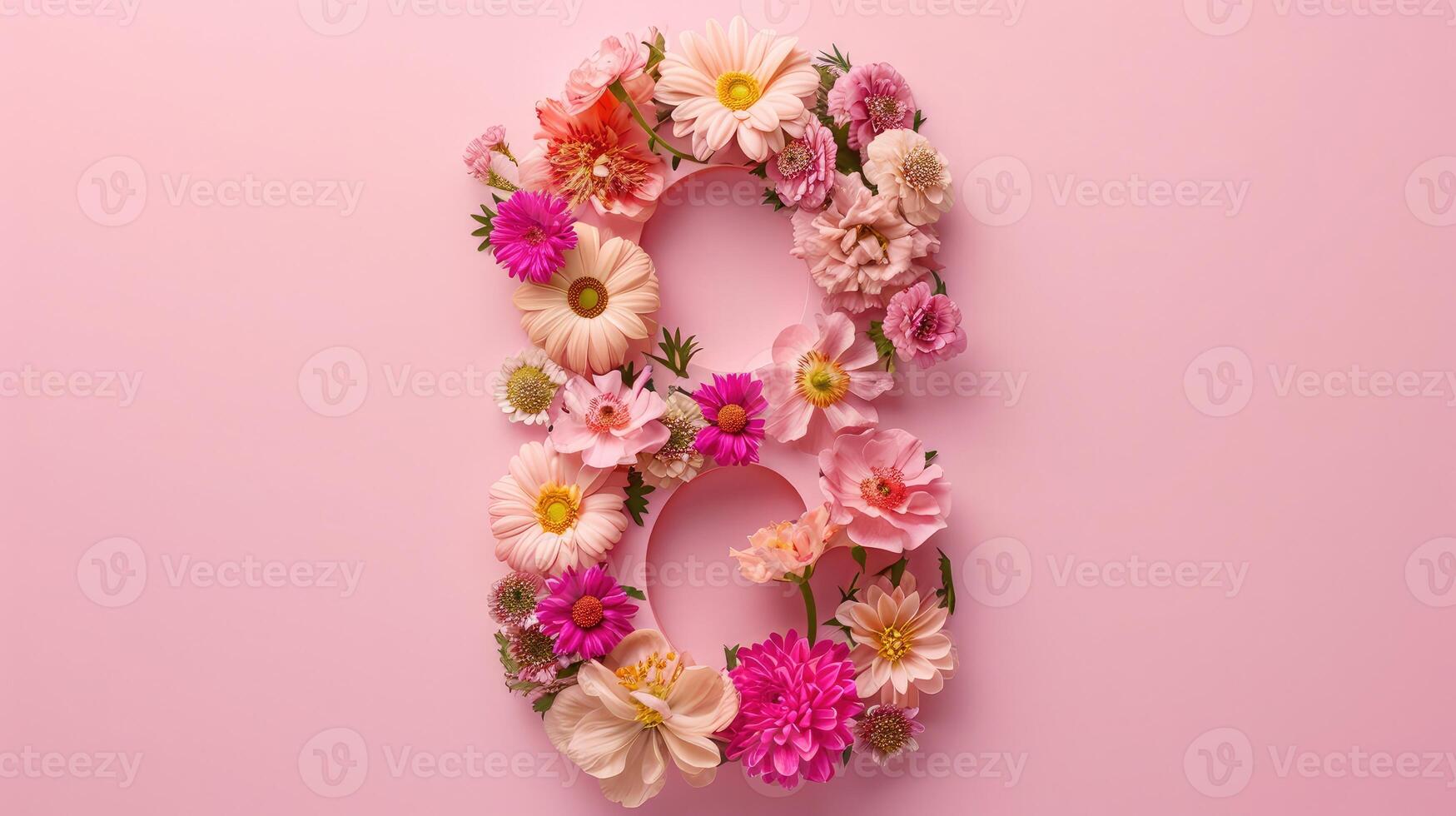 AI generated International Women's Day. Banner, flyer, beautiful postcard for March 8. Flowers in the shape of the number 8 on a pink background. photo