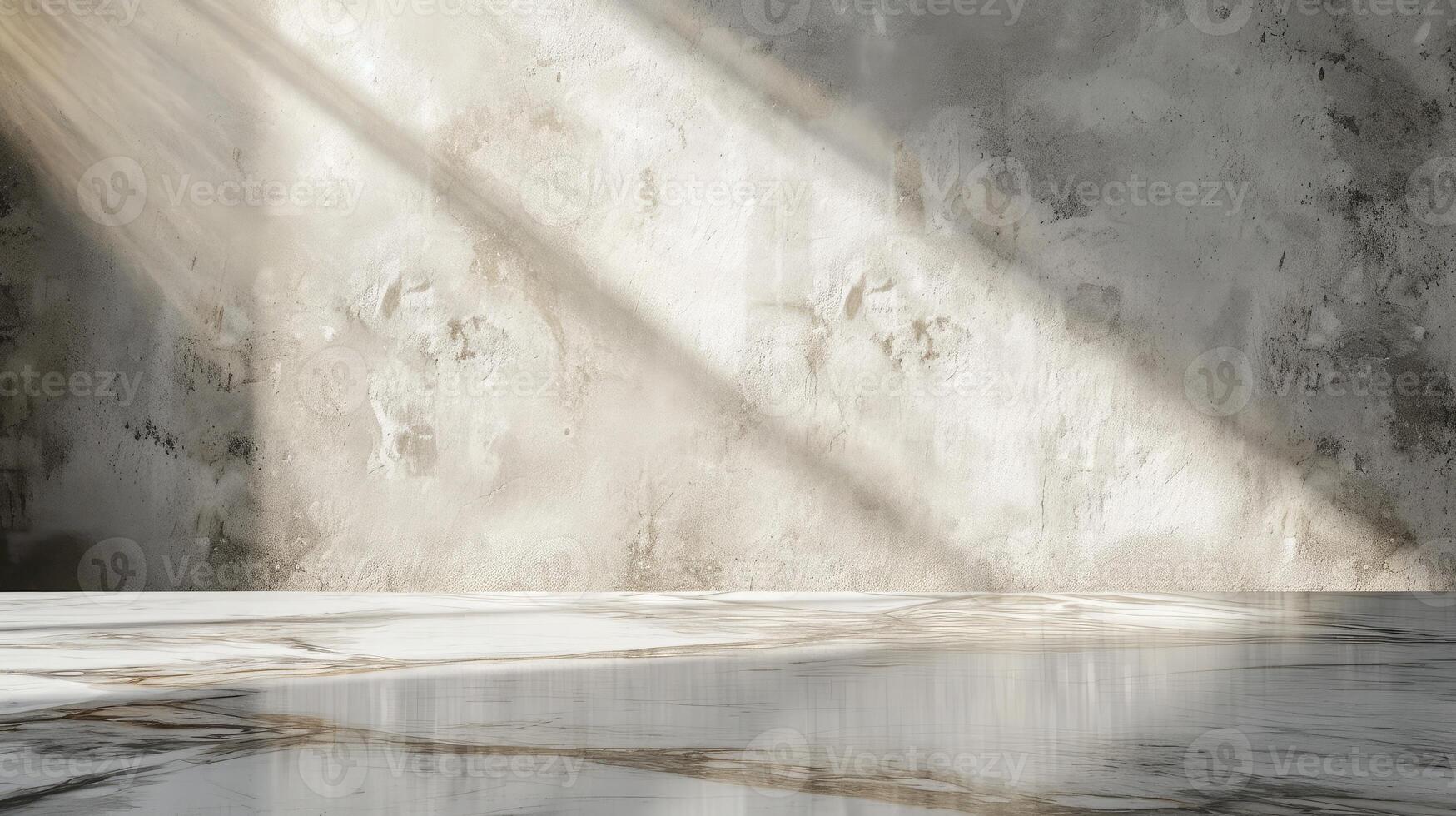 AI generated Marble Table with White Stucco Wall Texture Background with Light Beam and Shadow, Suitable for Product Presentation Backdrop photo