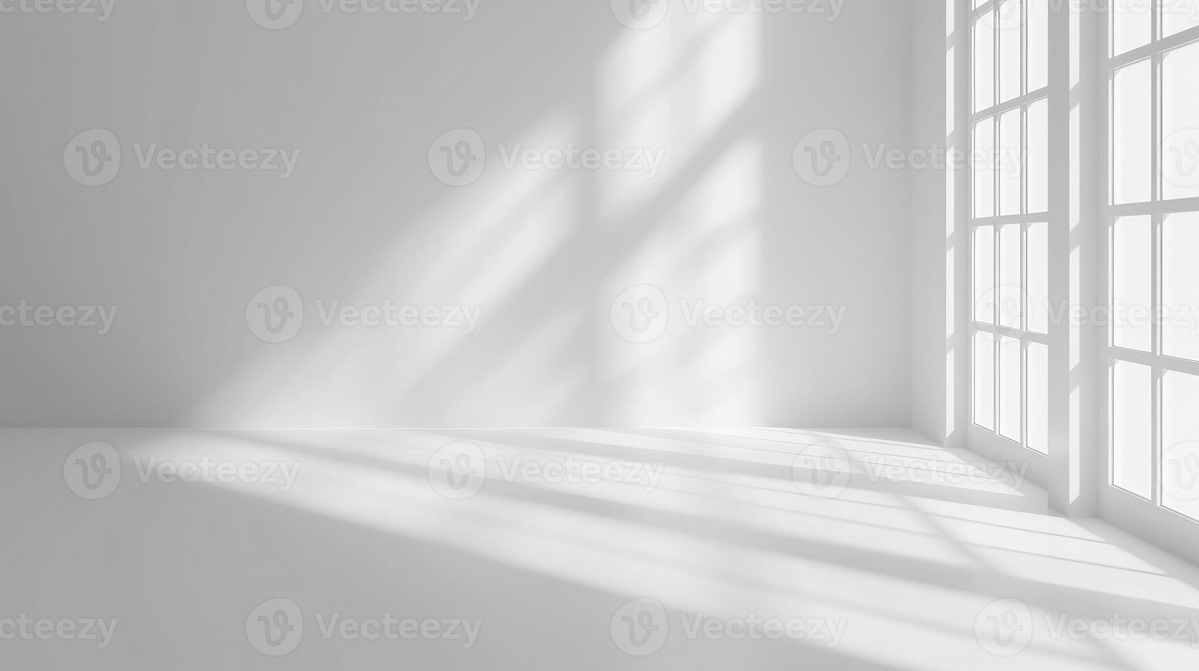 AI generated Abstract white studio background for product presentation. Empty room with shadows of window. Display product with blurred backdrop. photo