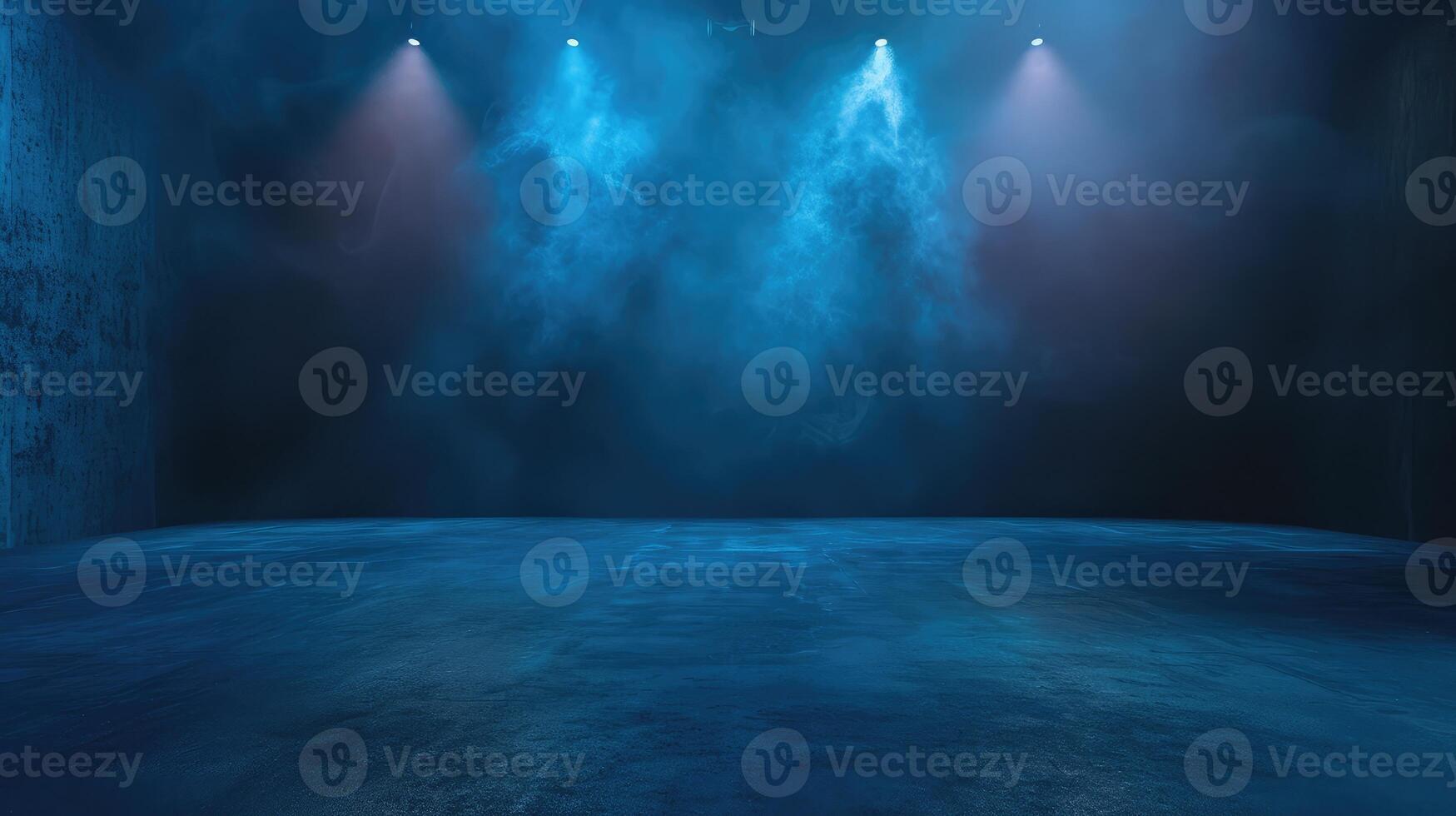 AI generated The dark stage shows, dark blue background, an empty dark scene, neon light, spotlights The asphalt floor and studio room with smoke float up the interior texture for display photo