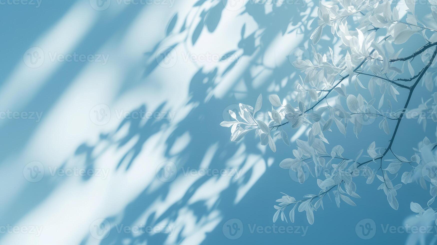 AI generated Minimalistic abstract gentle light blue background for product presentation with light and intricate shadow from tree branches on wall. photo