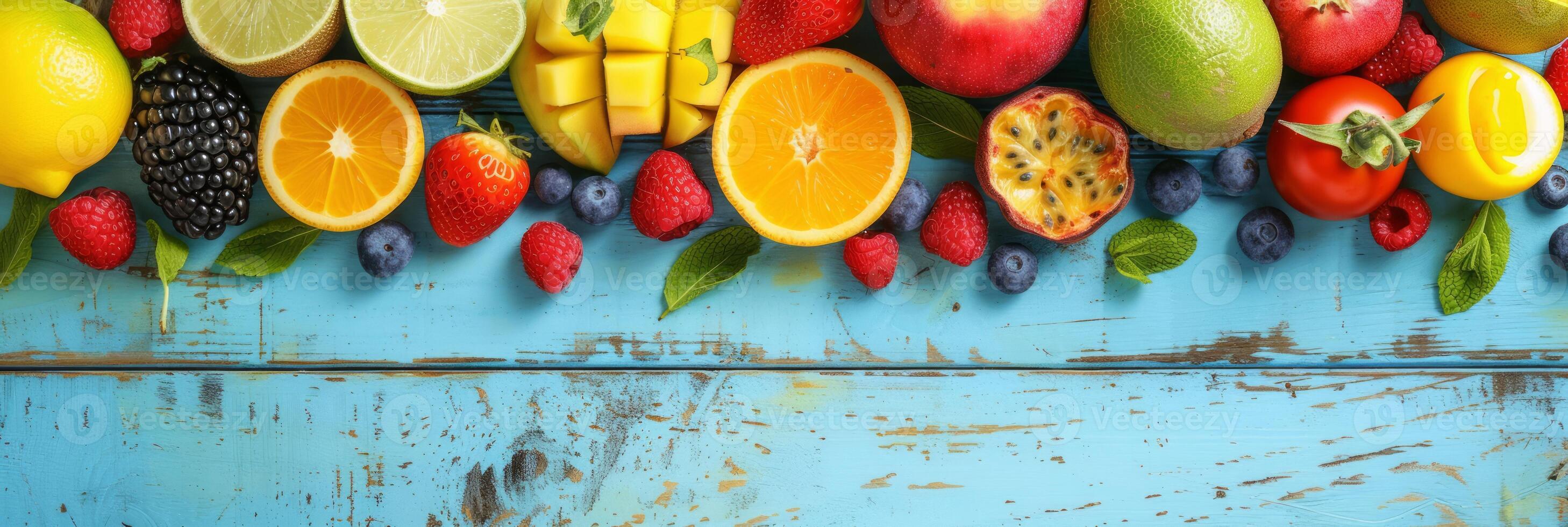 AI generated Top View Assortment of Different Fruits Rich in Vitamin. Nutritional Food for Health Wellness, Diet and Healthy Nutrition, Outdoor Summer photo