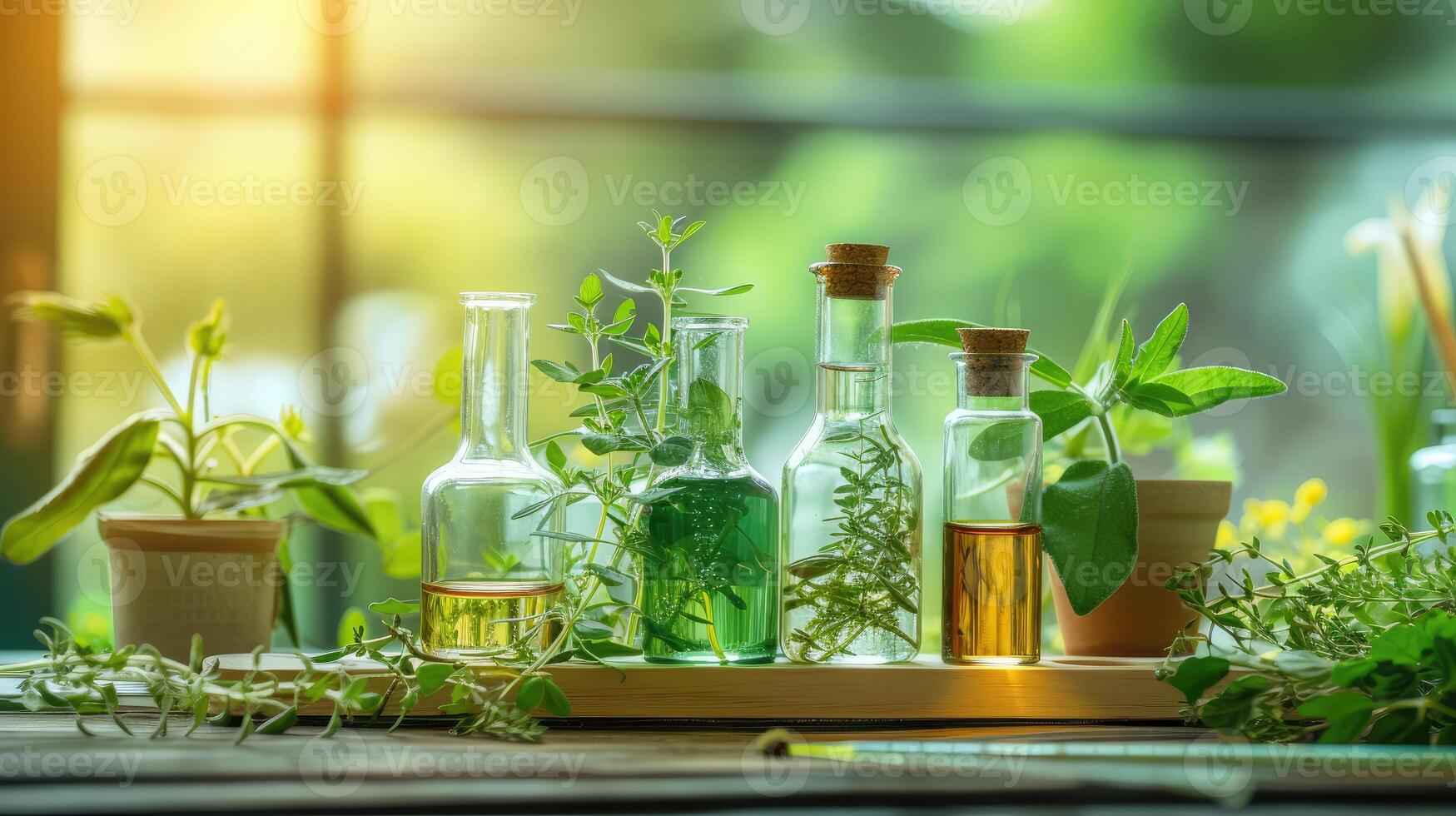 AI generated Natural drug research, Natural organic and scientific extraction in glassware, Alternative green herb medicine, photo