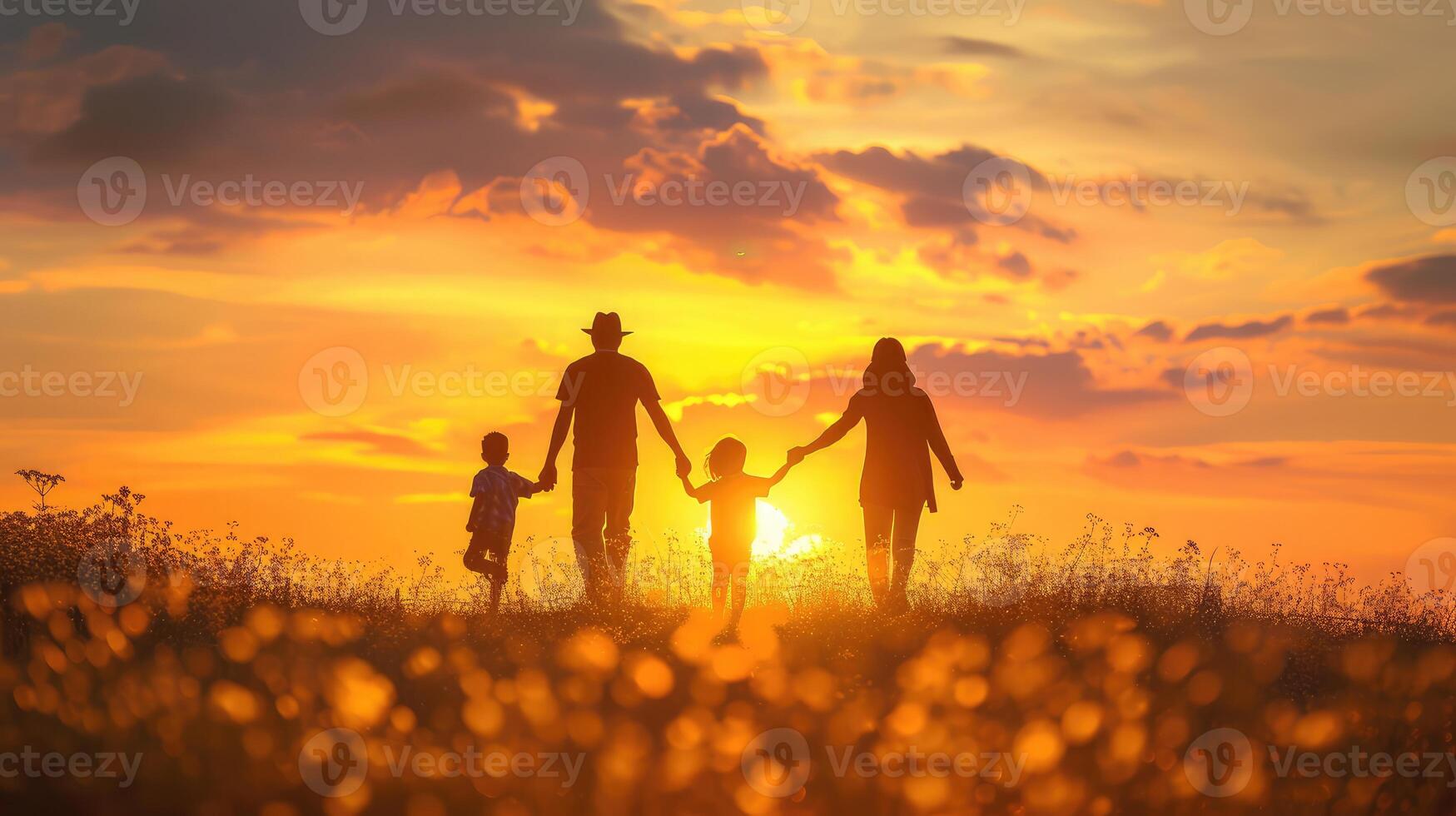 AI generated Happy family mother, father, children son and daughter on nature on sunset photo