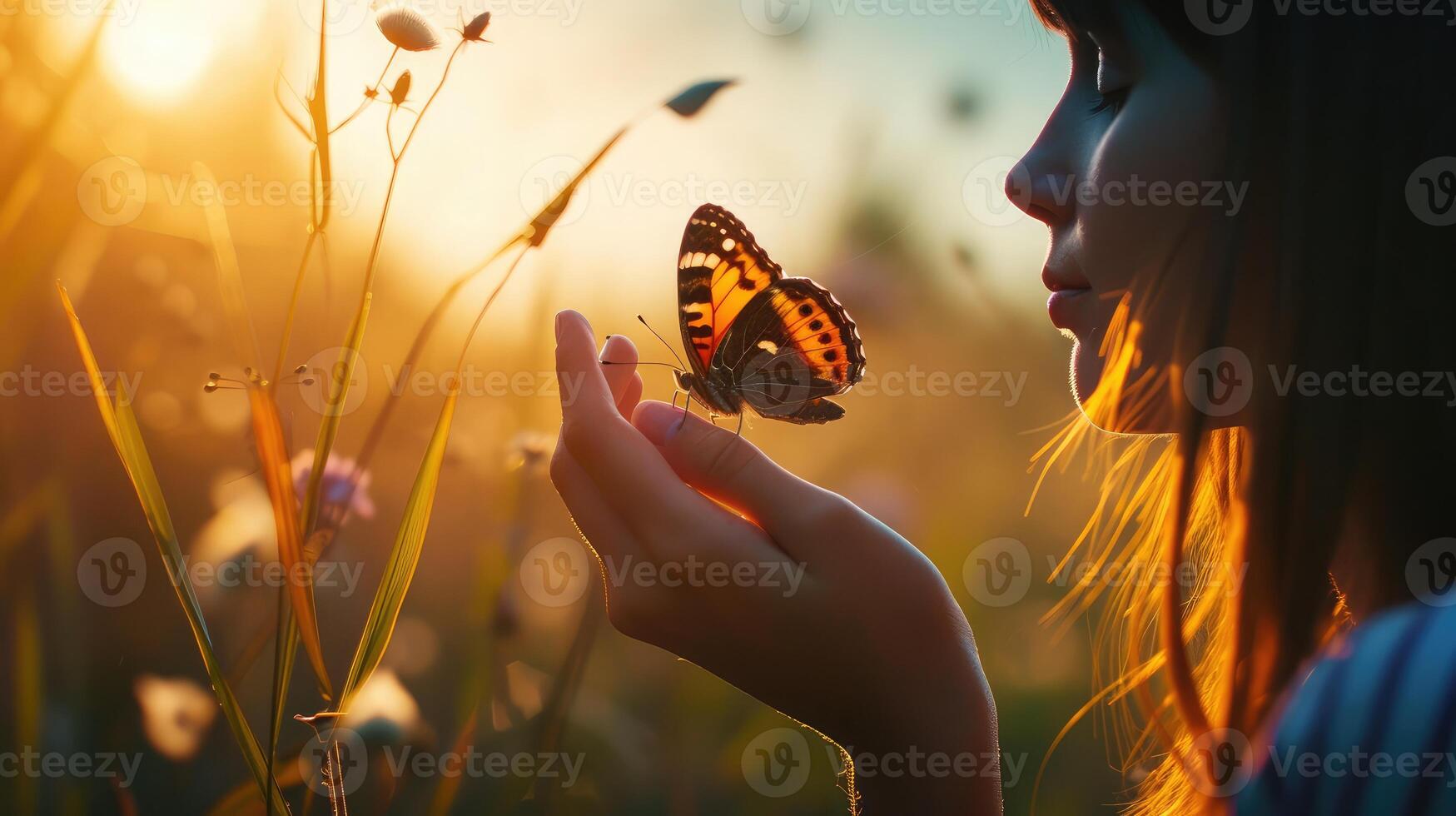 ai generado el niña libera el mariposa desde momento concepto de libertad foto